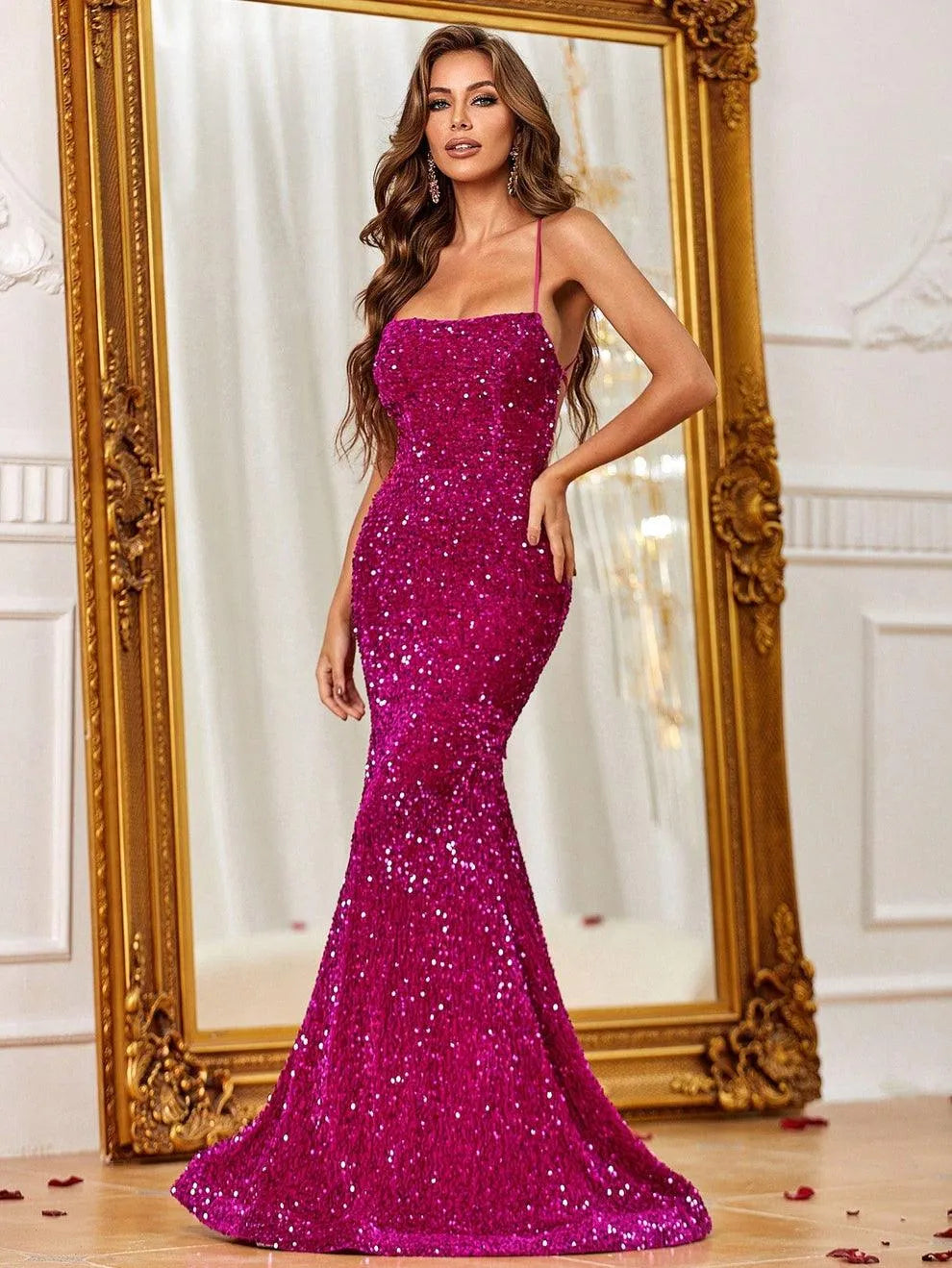 Spaghetti Strap Lace Up Back Sequin Mermaid Dress - Elonnashop