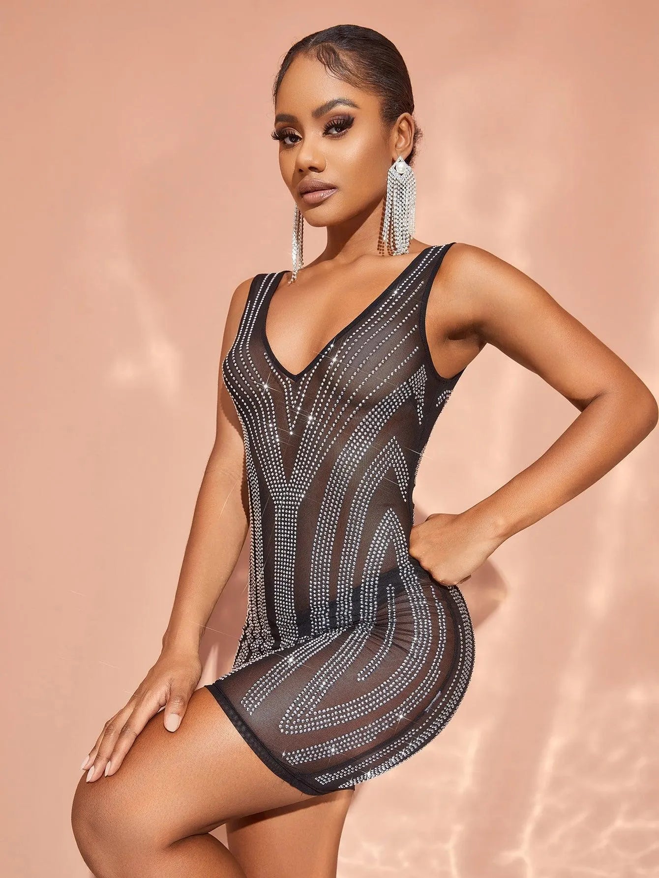 Chic Rhinestone Detail Plunging Neck Sheer Mesh Mini Dress - Elonnashop