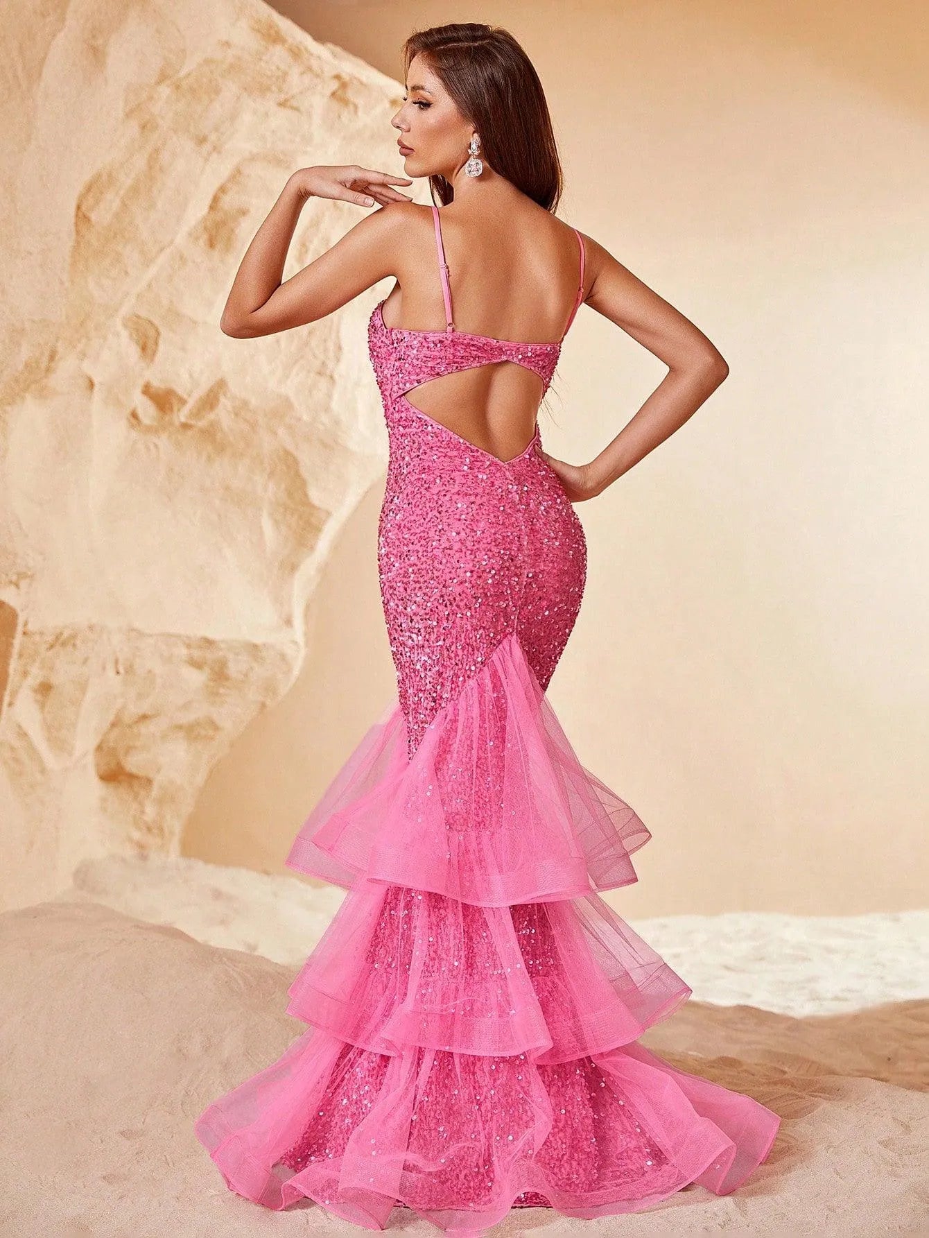 Spaghetti Strap Back Cut Out Sequin Mermaid Dress - Elonnashop