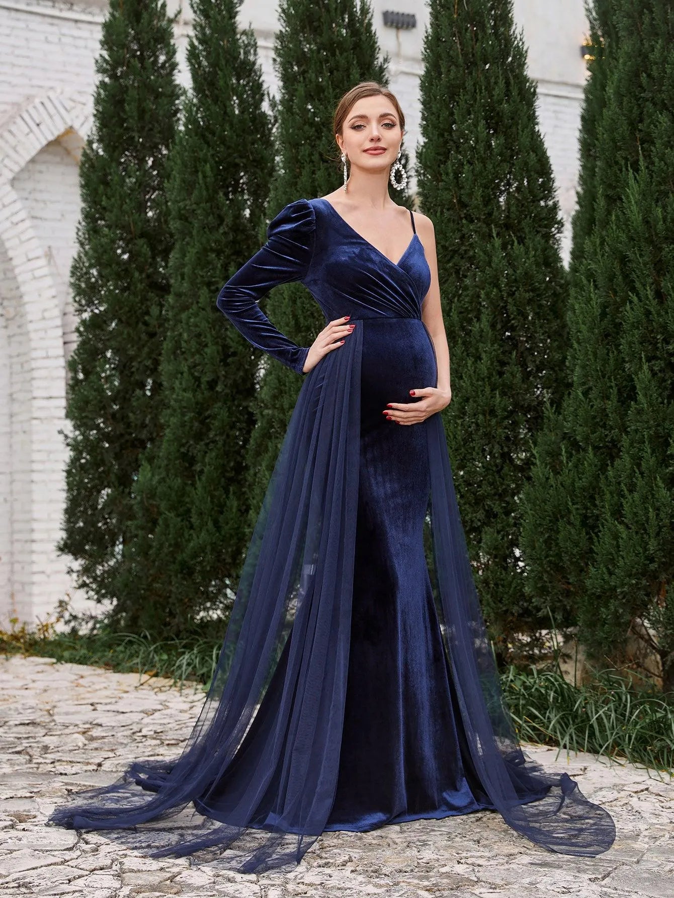 Maternity Asymmetrical Neck Mermaid Hem Velvet Dress - Elonnashop