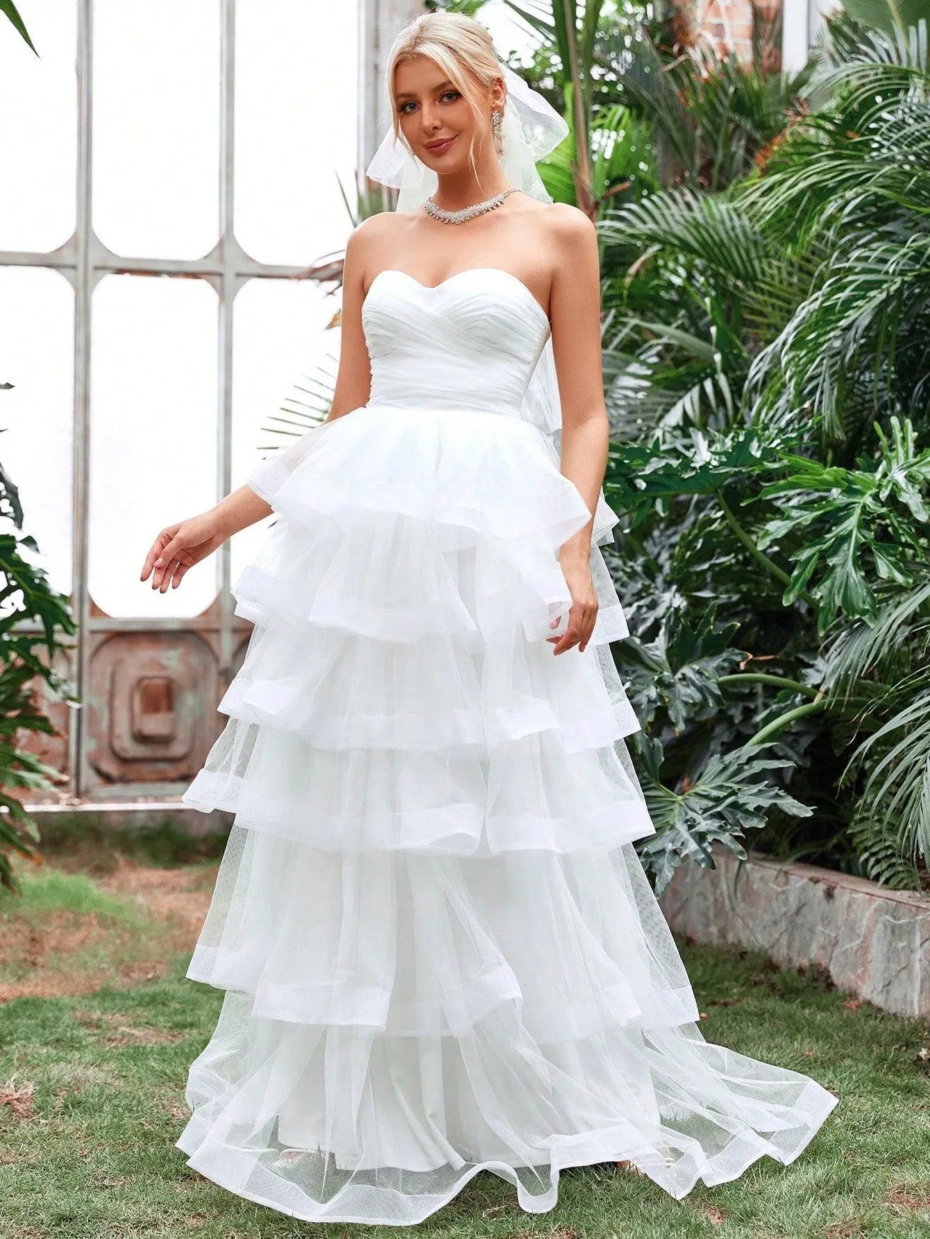 Ruffle Layered Hem Tube Wedding Dresses - Elonnashop