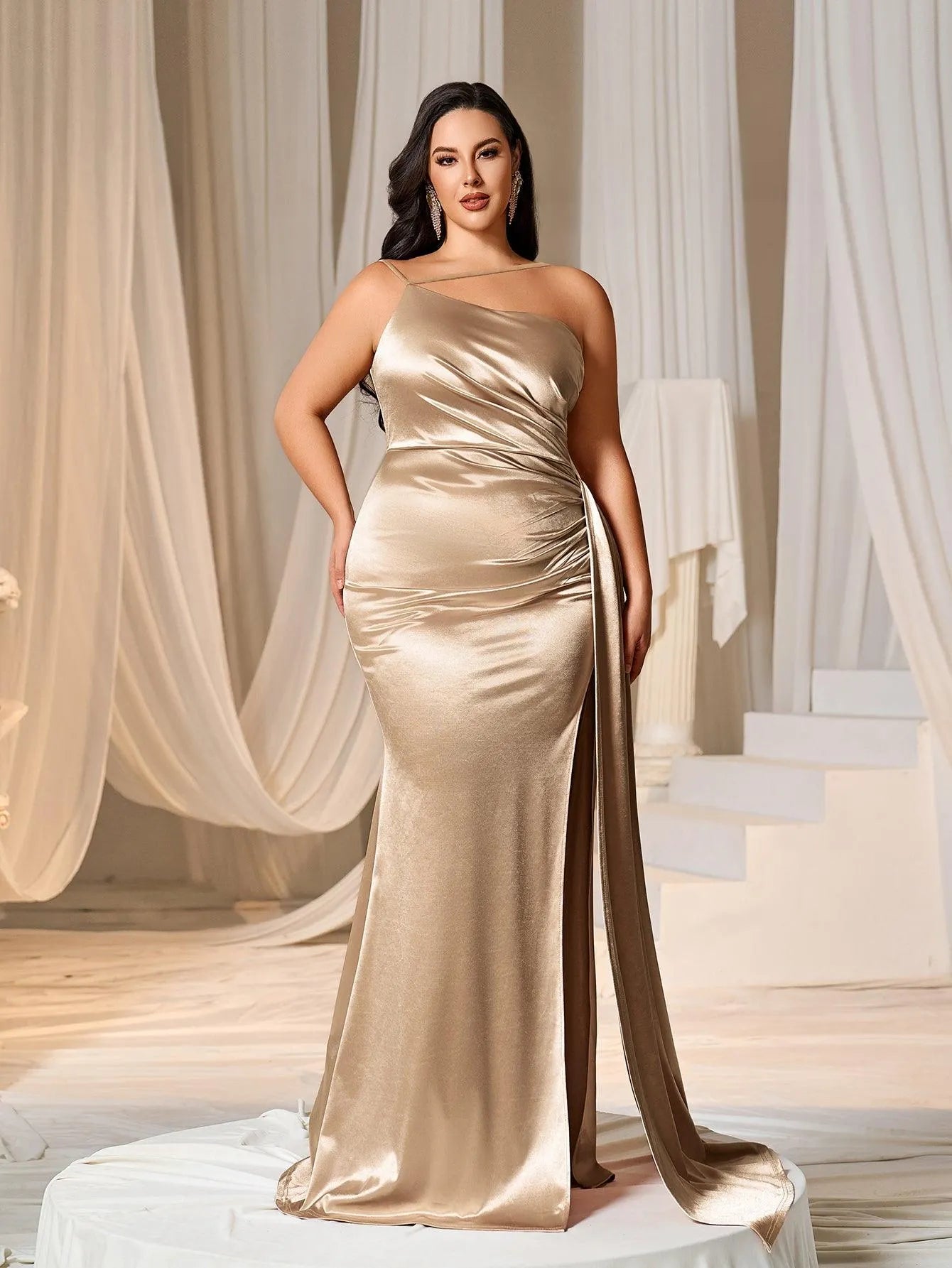 Plus Asymmetric Neckline Satin Mermaid Party Dress - Elonnashop