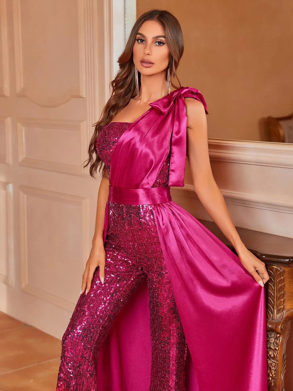 One Shoulder Sleeveless Satin Overlay Sequin Jumpsuit - Elonnashop