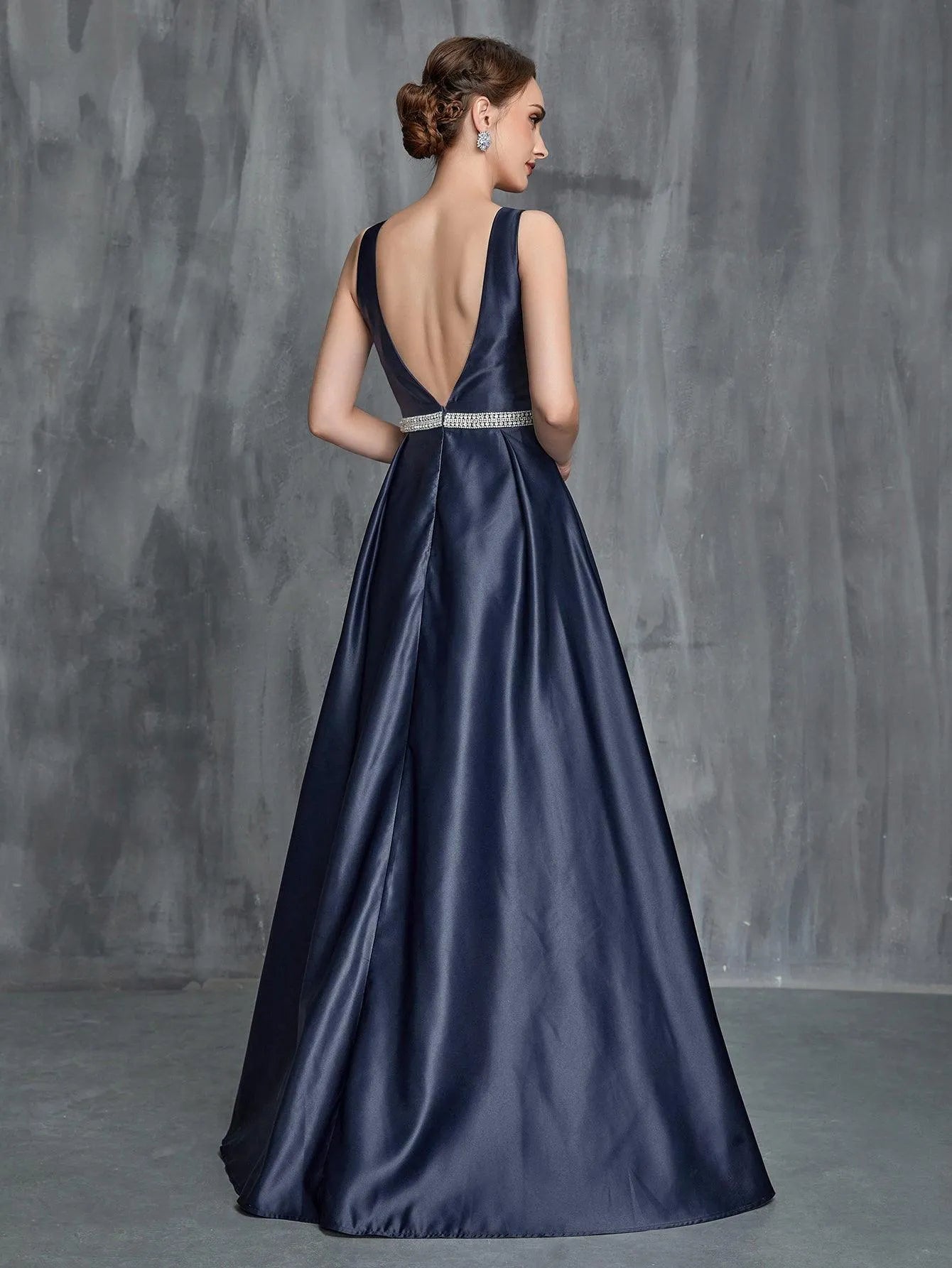 Womens' Backless Rhinestone Waistband Satin Formal Dress - Elonnashop