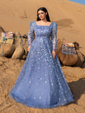 Plus Gorgeous Square Collar Long Sleeves Beaded Sequin Formal Dress