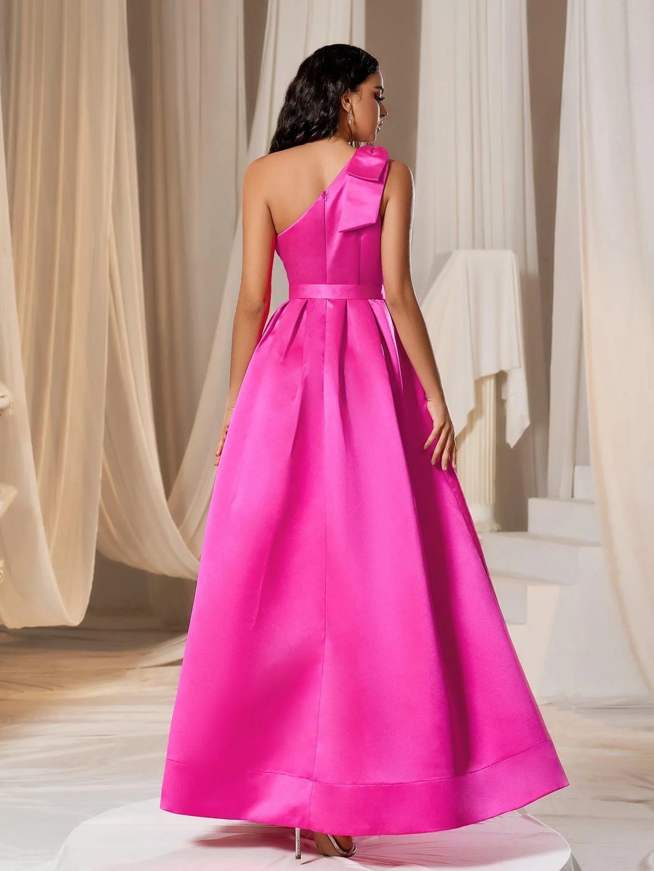 Elegant One Shoulder Sleeveless Satin A line Dresses - Elonnashop