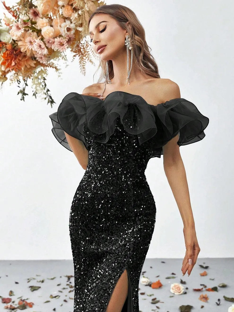 Off Shoulder Ruffle Trim Split Thigh Sequin Mermaid Dress - Elonnashop