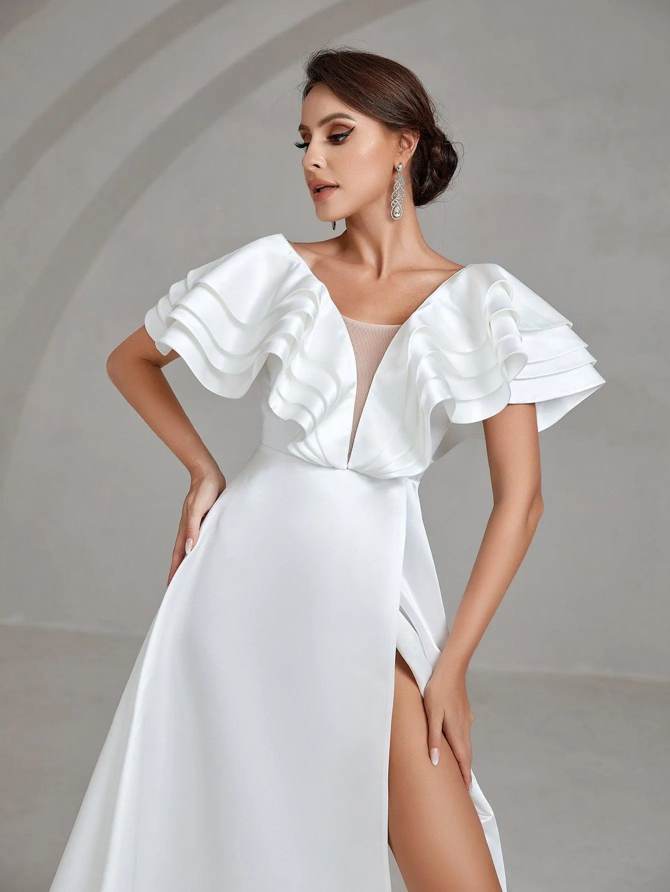 Backless Ruffle Layered Sleeve Satin Wedding Dress - Elonnashop