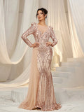 Gorgeous Graphic Sequin Sheer Overlay Mermaid Hem Evening Dress