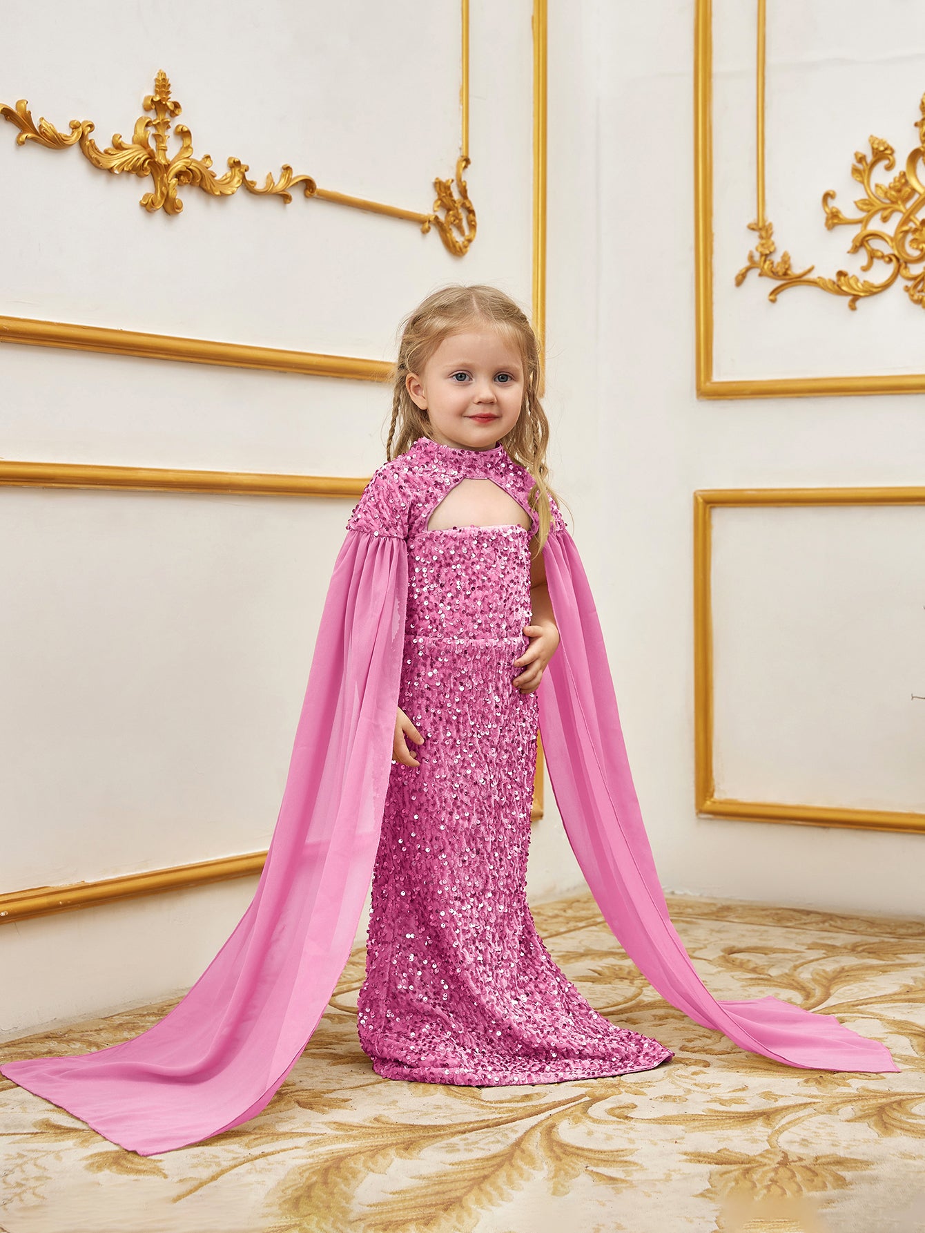 Young Girls' Mock Neck Cape Sleeves Sequin Party Dress