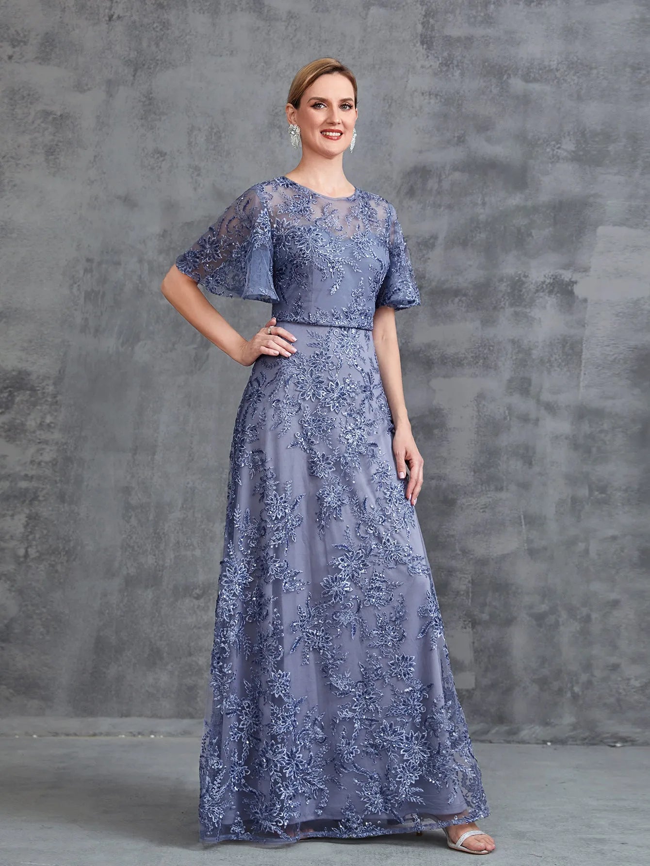 Womens‘ Floral Embroidered Butterfly Sleeves A Line Formal Evening Dress