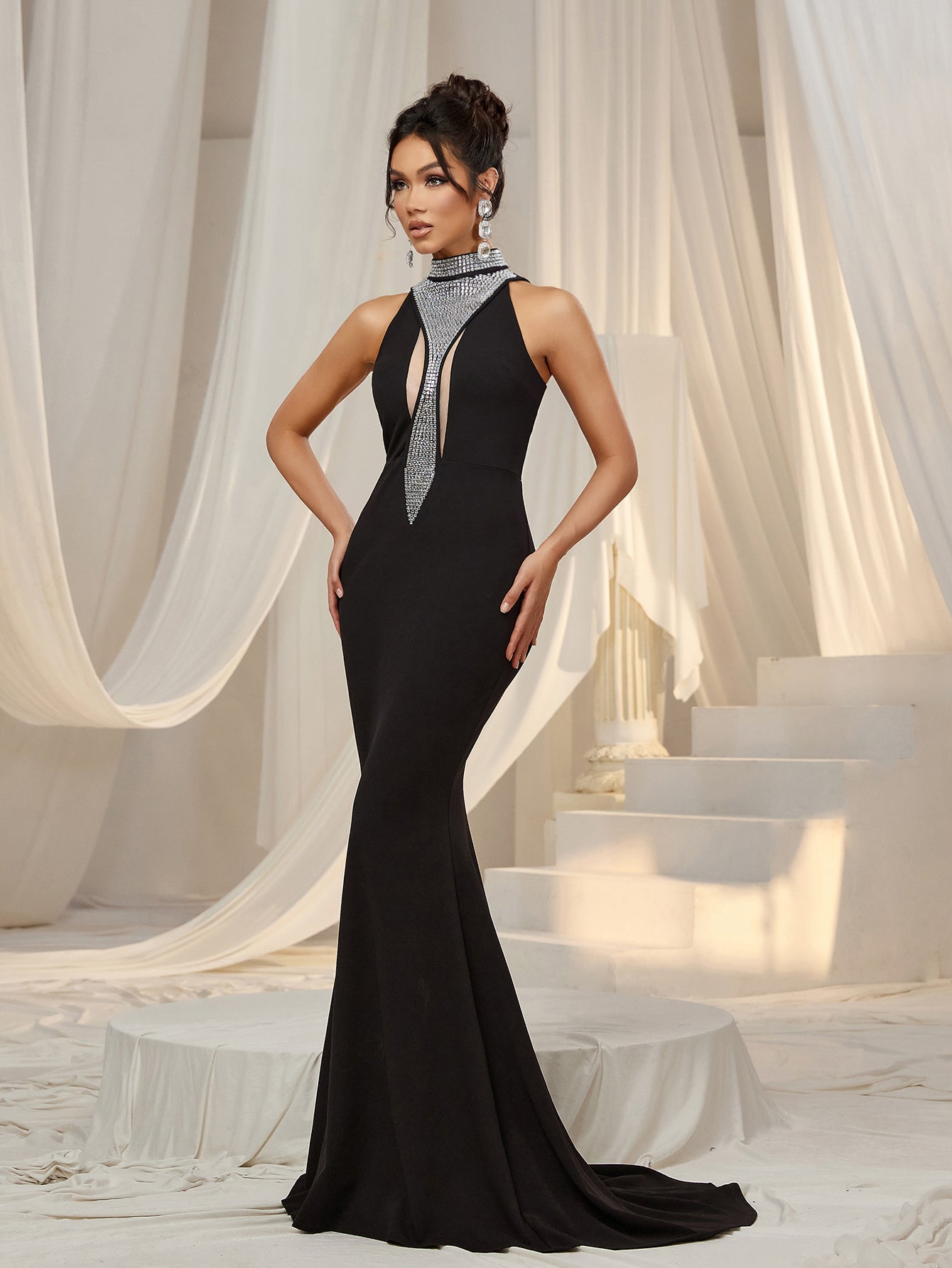 Stylish Rhinestone Detail Mock Neck Mermaid Hem Evening Dress