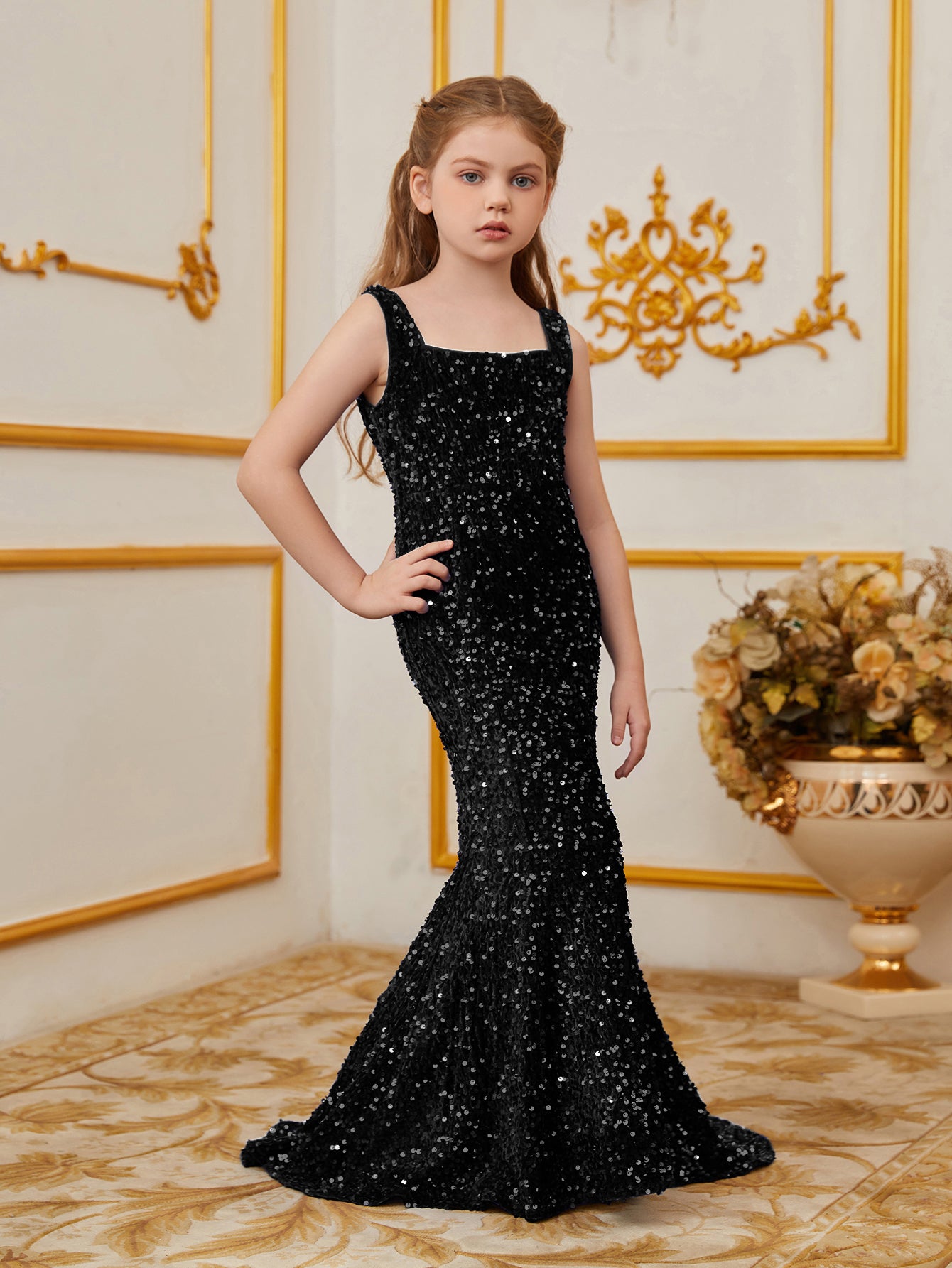 Tween Girls' Square Neck Sleeveless Mermaid Hem Sequin Party Dress