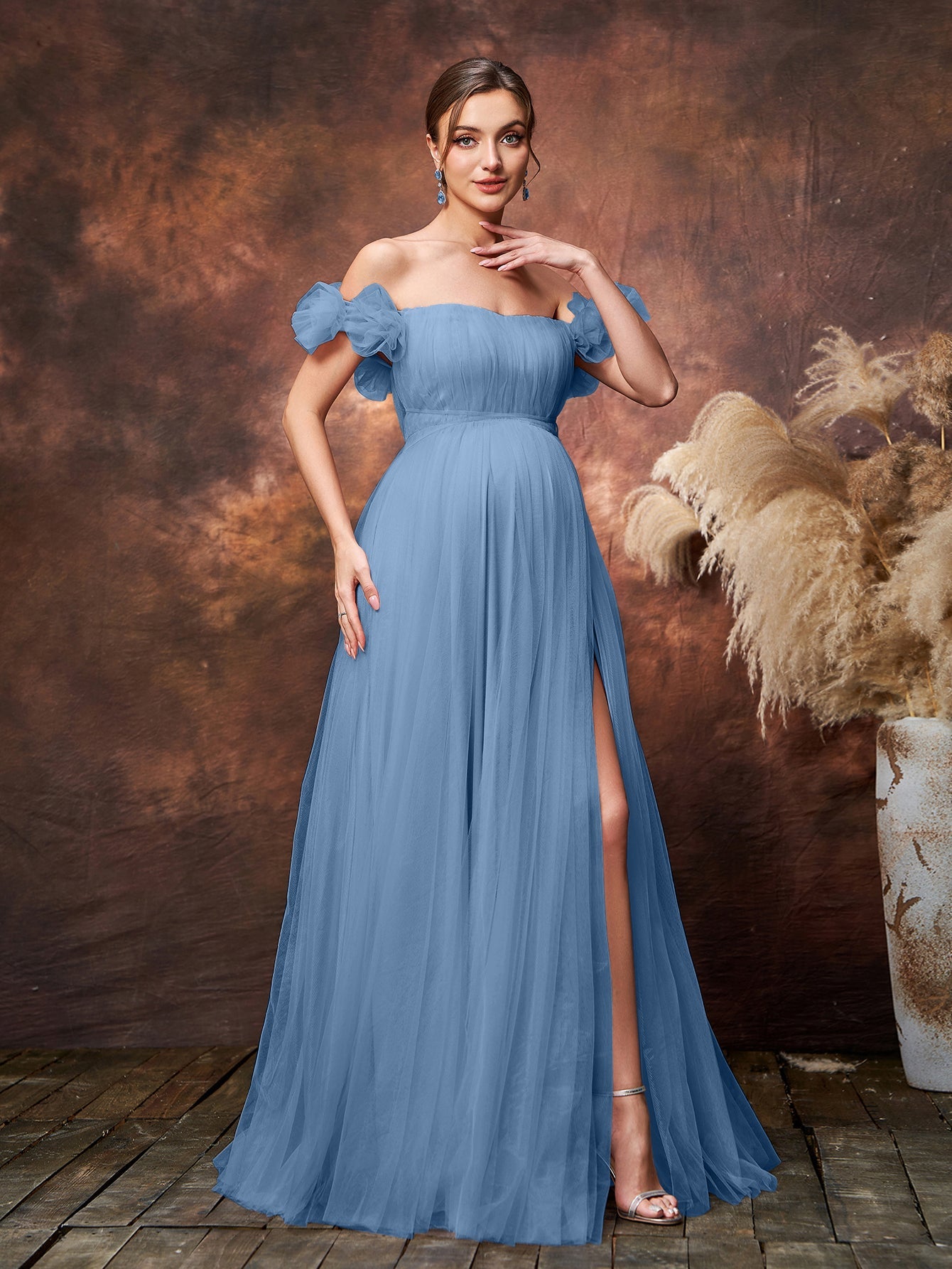 Maternity Off Shoulder Ruched Bust Split Tulle Evening Dress