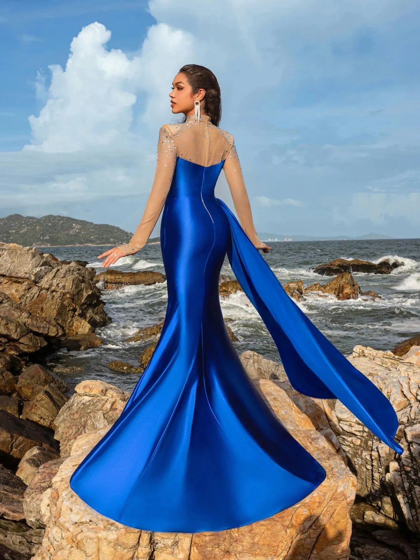 Rhinestone Detail Mock Neck Satin Mermaid Prom Dress