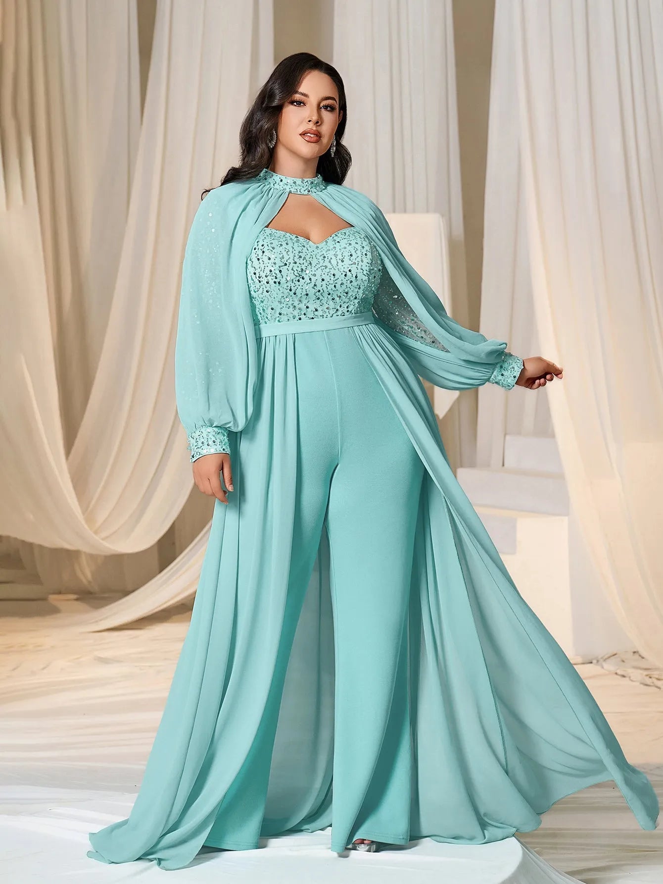 Plus Lantern Sleeves Chiffon Overlay Sequin Party Jumpsuit