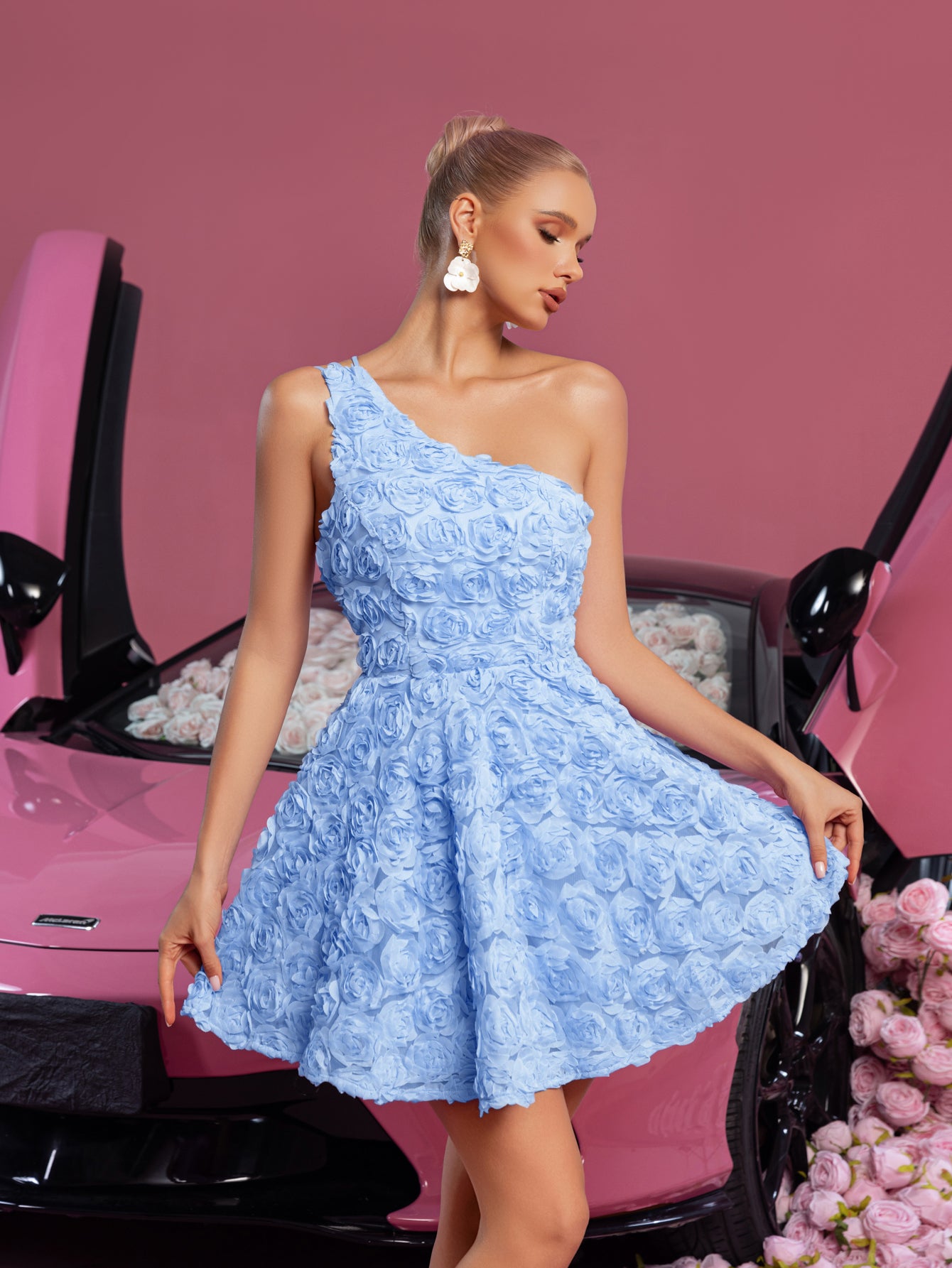 Elegantes, ärmelloses 3D-Blumen-Partykleid mit einer Schulter