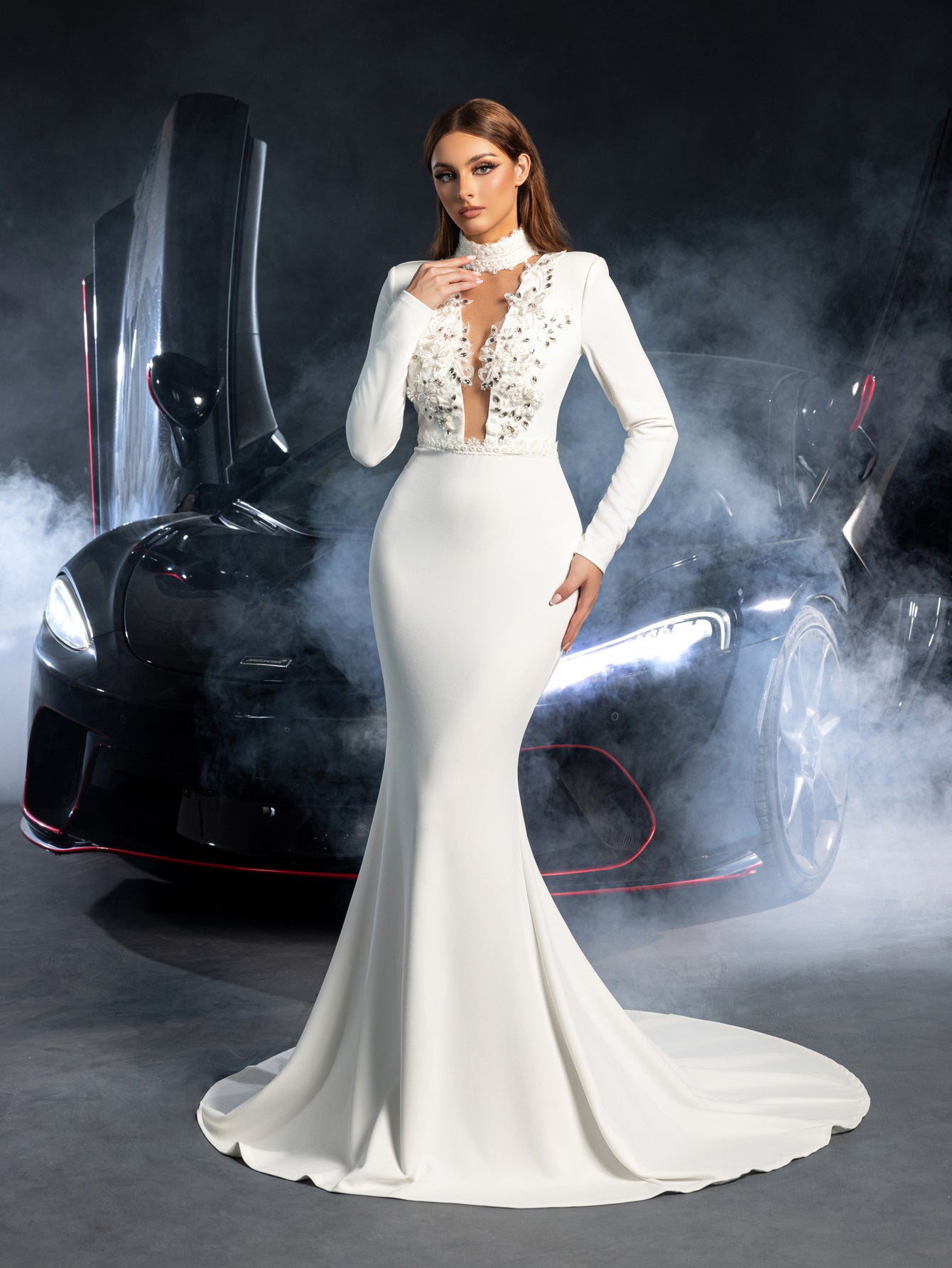 Elegant Applique Embellished Mock Neck Long Sleeves Mermaid Hem Wedding Dress