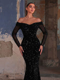 Gorgeous Off Shoulder Mermaid Hem Sequin Evening Dress