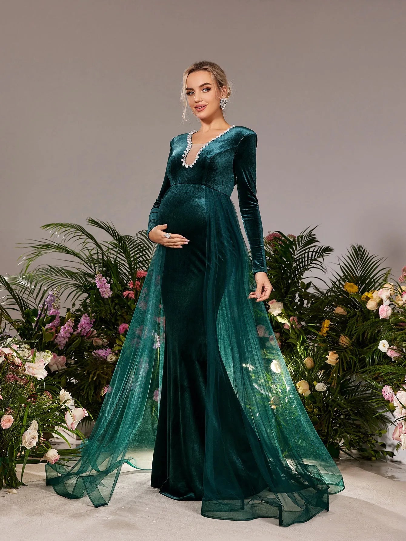 Maternity Pearl Embellished V Neck Mesh Overlay Mermaid Hem Evening Dress