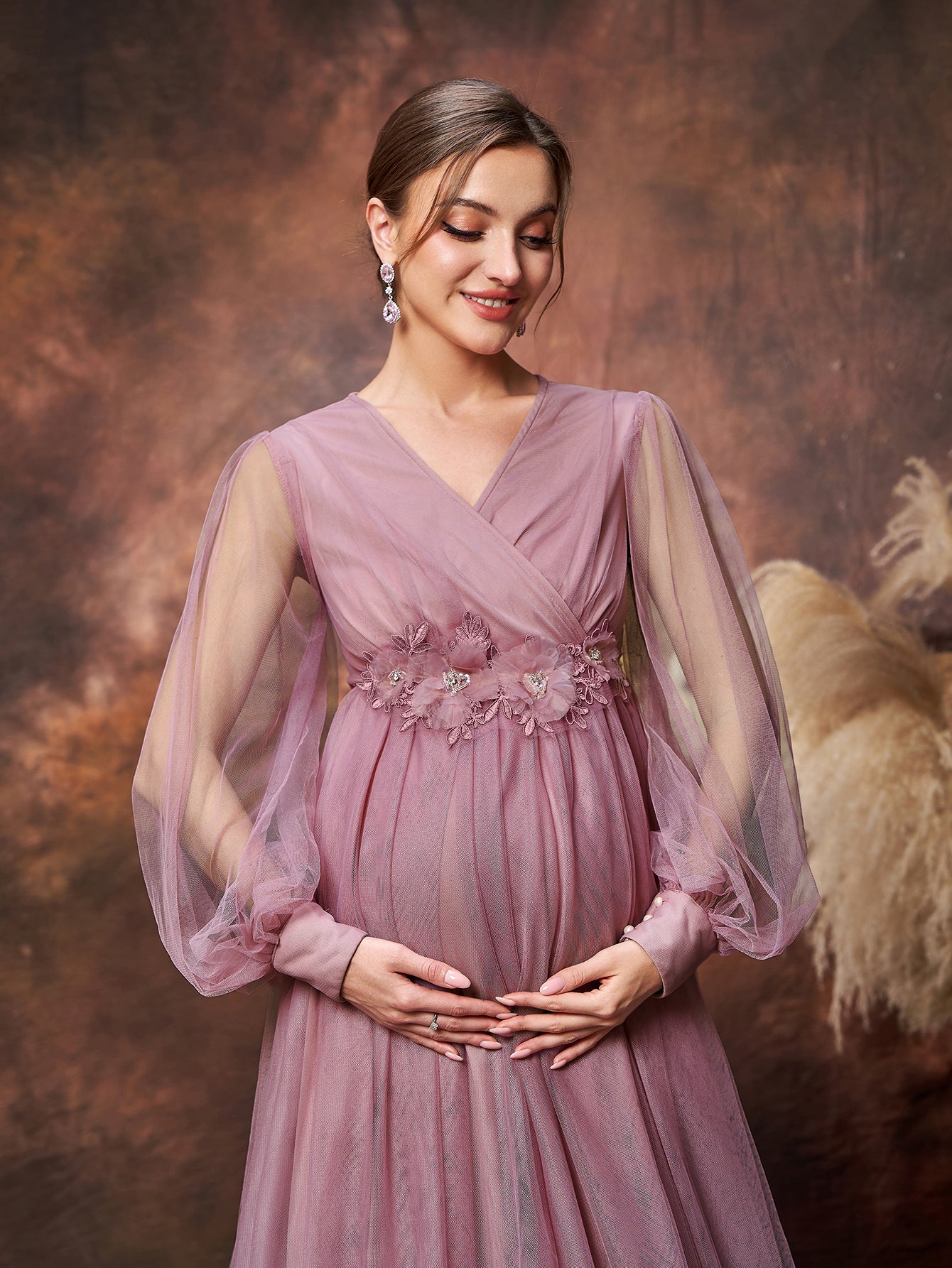 Maternity Applique Detail V Neck Lantern Sleeves Mesh Evening Dress