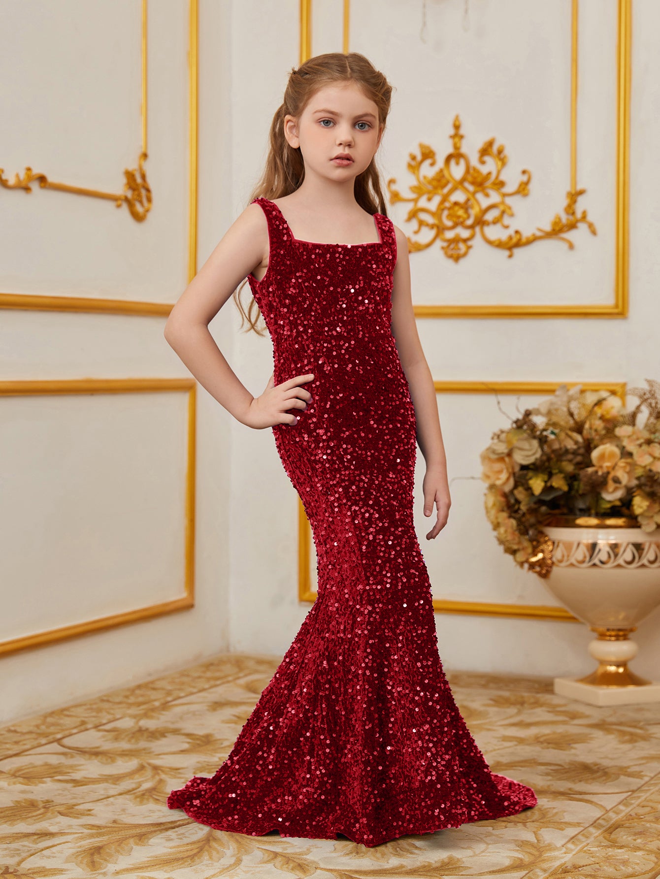 Tween Girls' Square Neck Sleeveless Mermaid Hem Sequin Party Dress