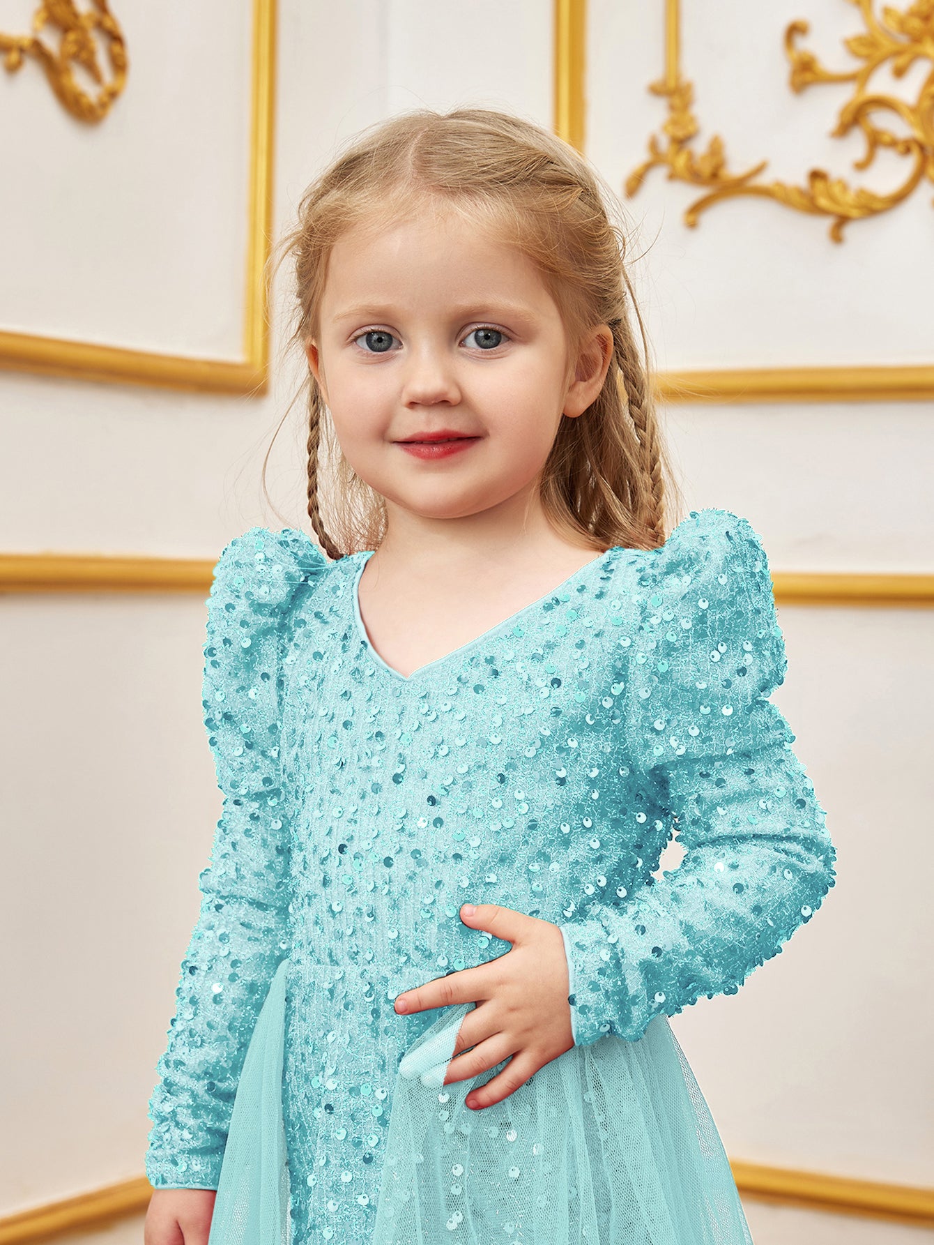 Young Girls' Long Sleeves Mesh Overlay Sequin Mermaid Dress