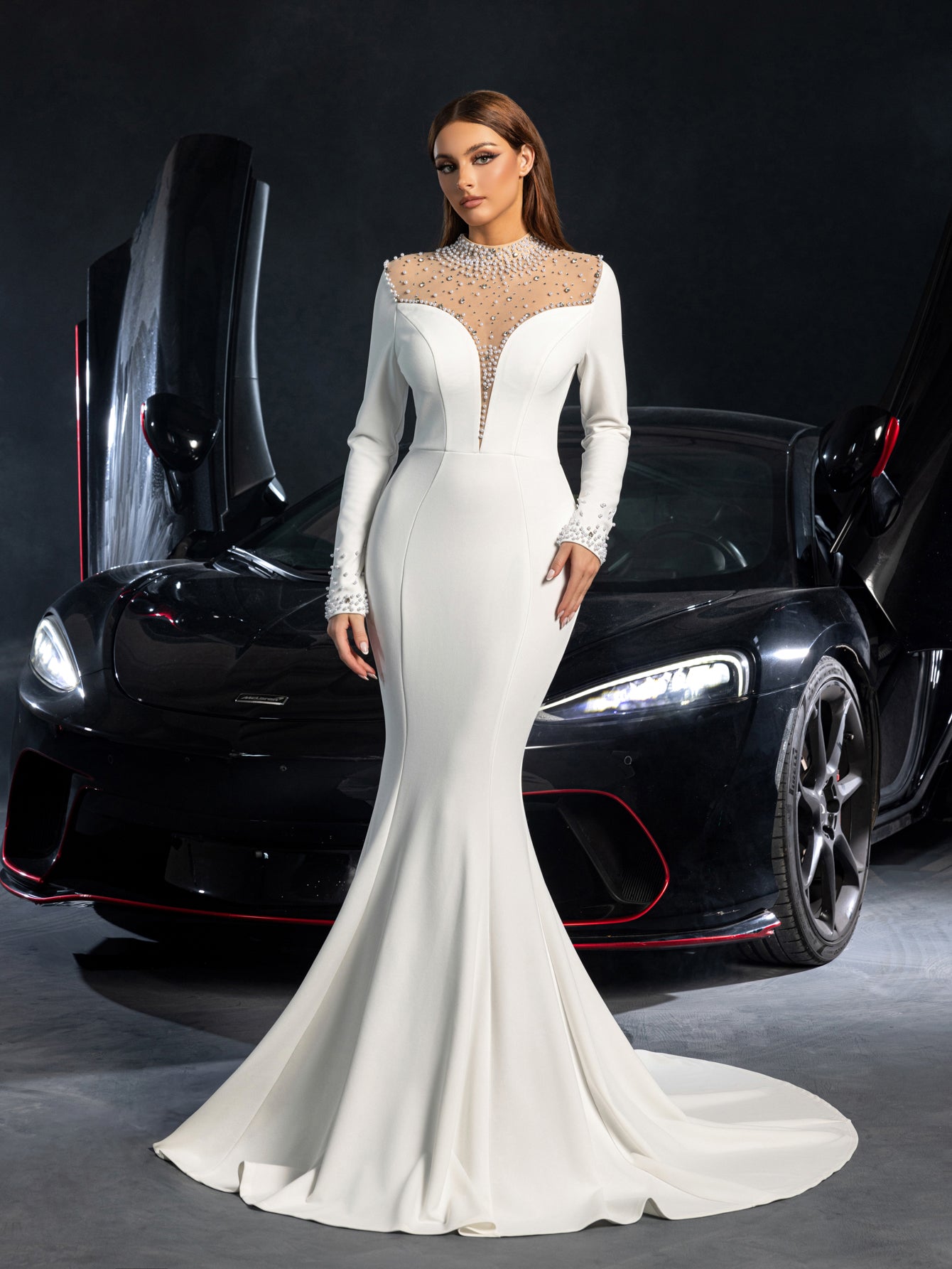 Elegant Pearl Embellished Mock Neck Long Sleeves Mermaid Hem Wedding Dress