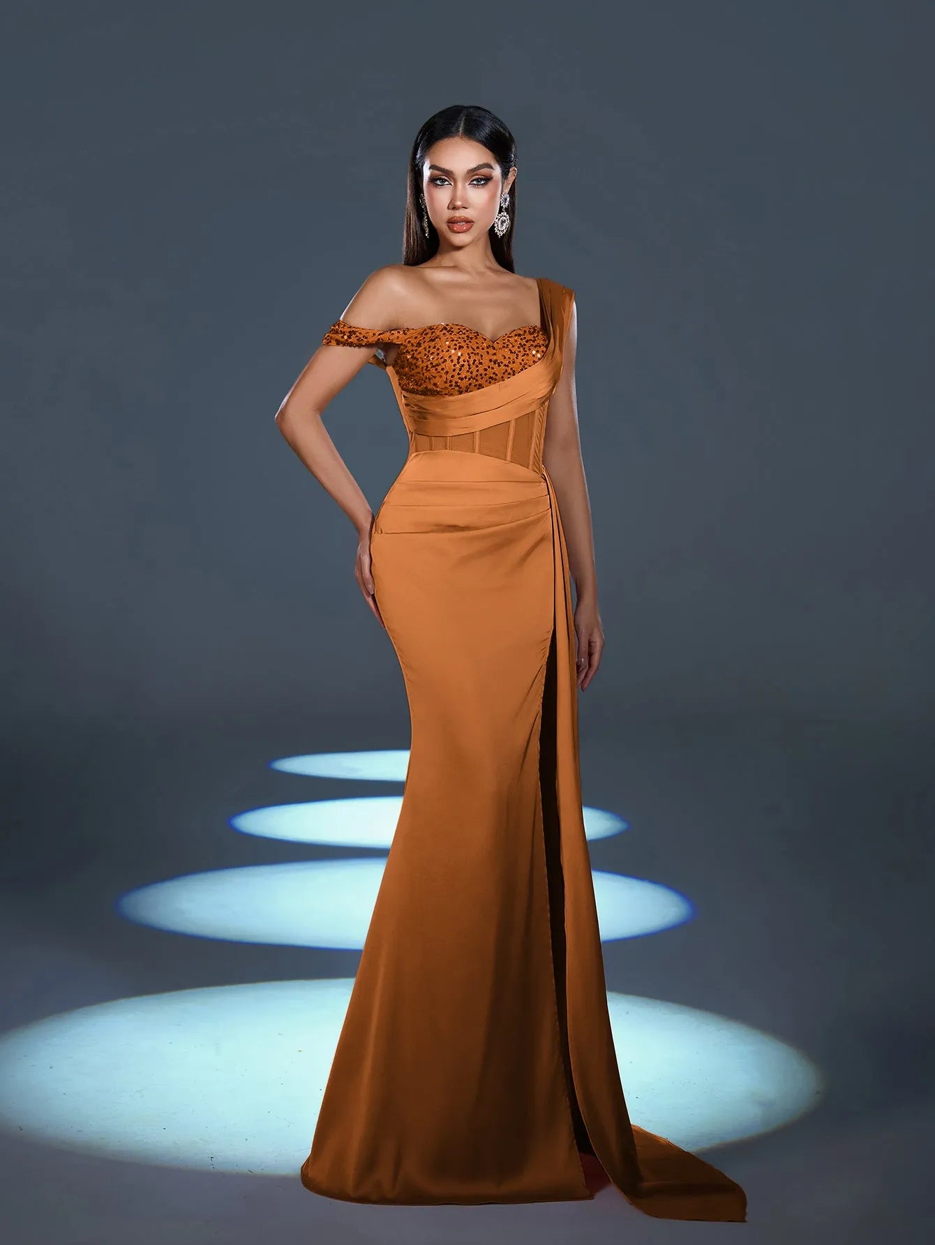 Elegant Asymmetrical Neck Split Mermaid Hem Satin Evening Dress