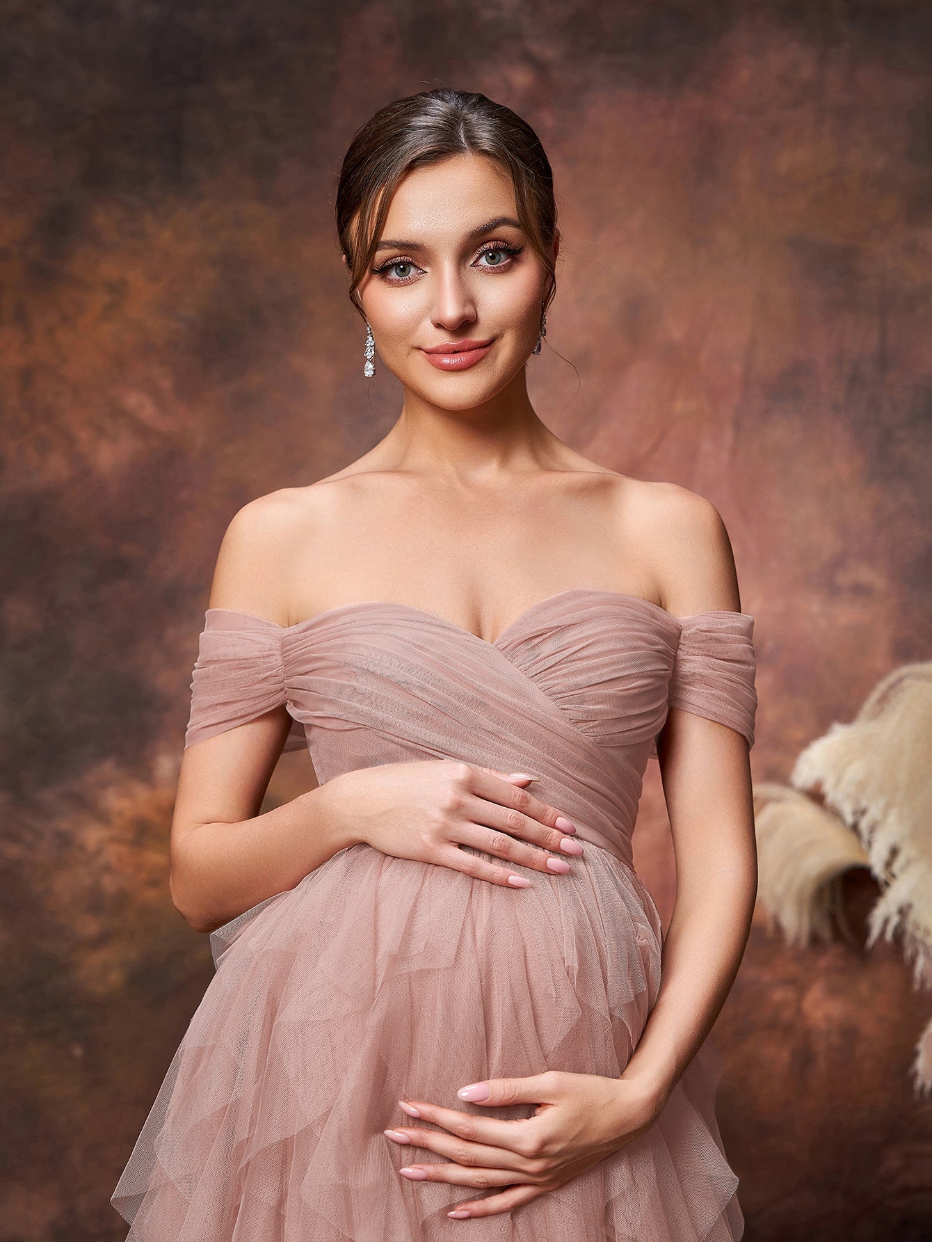 Maternity Off Shoulder Tiered Ruffle Hem Tulle Evening Dress