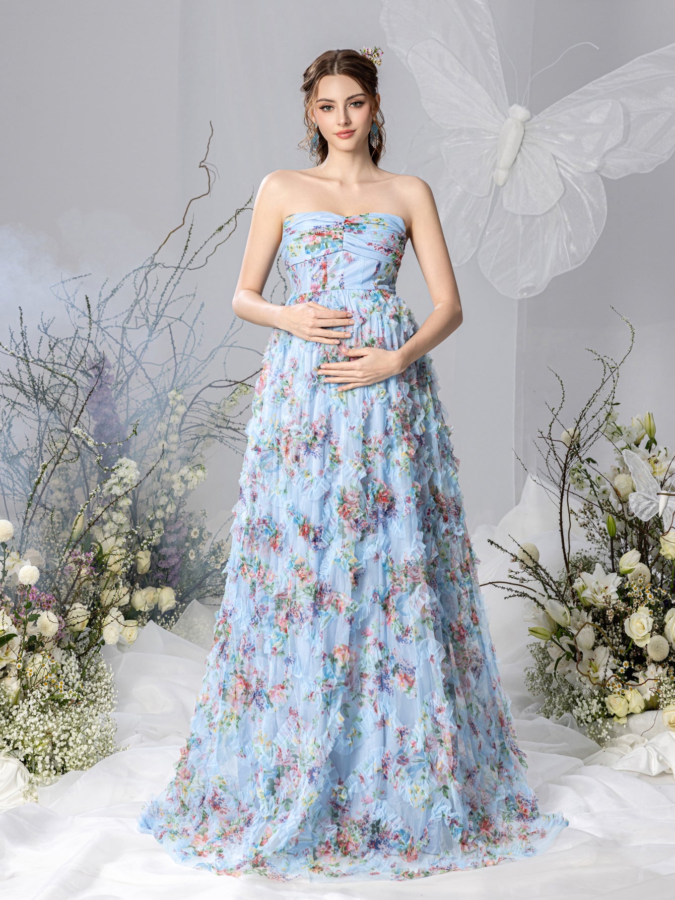 Maternity Strapless Ruffle Trim Floral Mesh Party Dress