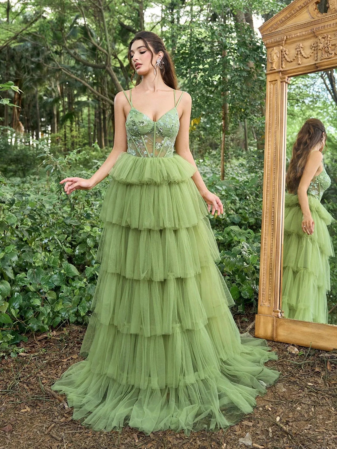 Gorgeous Floral Bodice Contrast Cascading Ruffle Hem Tulle Prom Cami Dress - Elonnashop