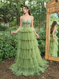 Gorgeous Floral Bodice Contrast Cascading Ruffle Hem Tulle Prom Cami Dress - Elonnashop