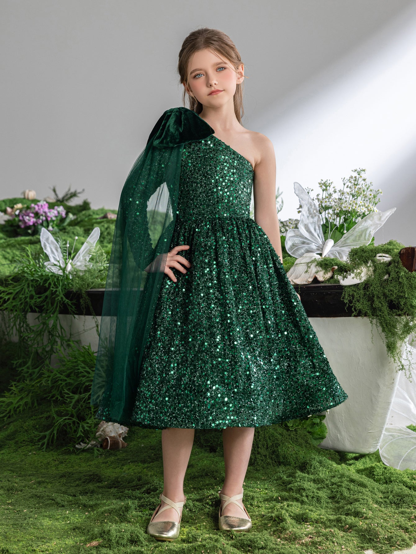 Tween Mädchen-Partykleid mit One-Shoulder-Schleife und Pailletten 