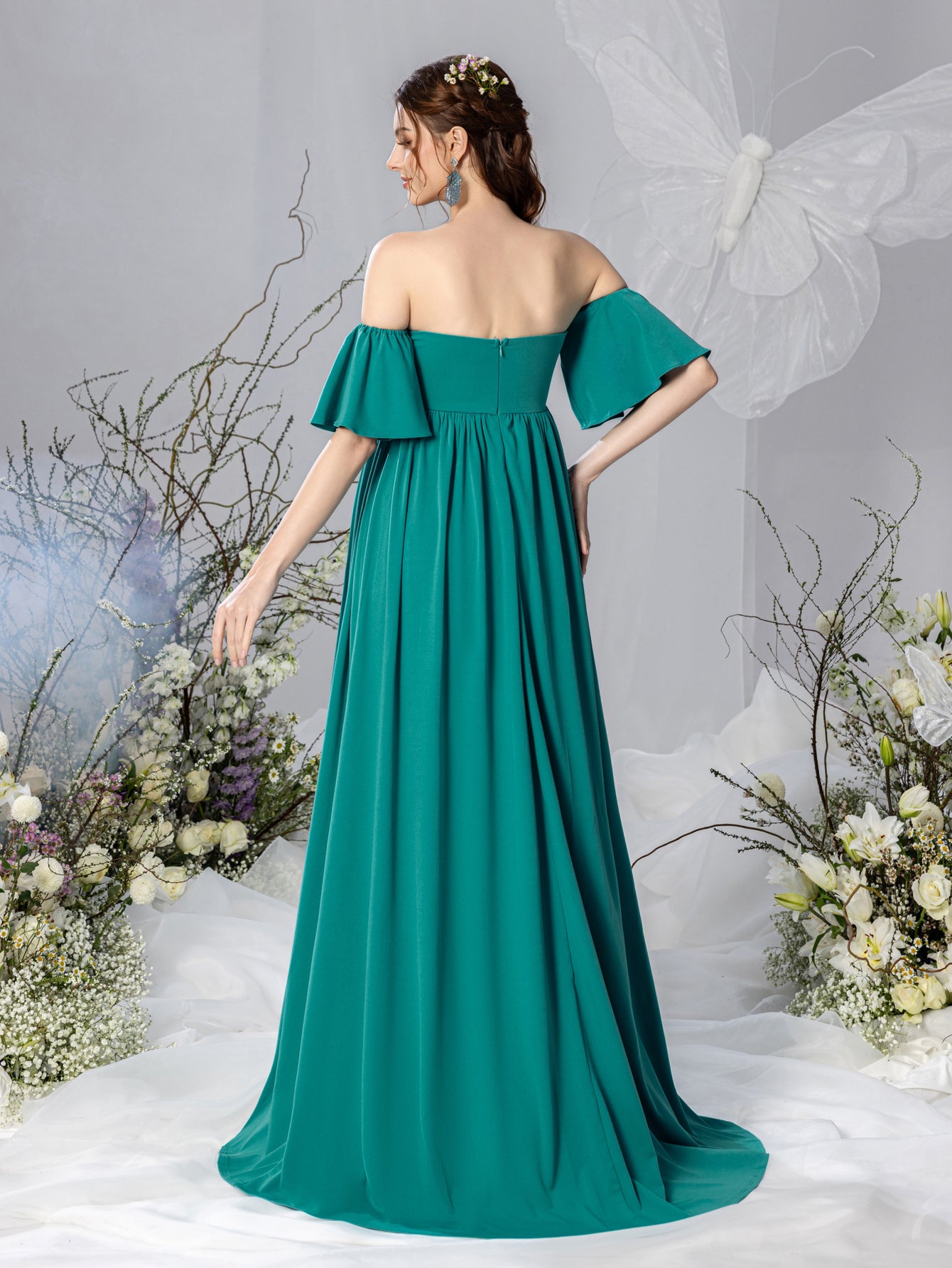 Maternity Off Shoulder Flared Sleeves Maxi Prom Dress