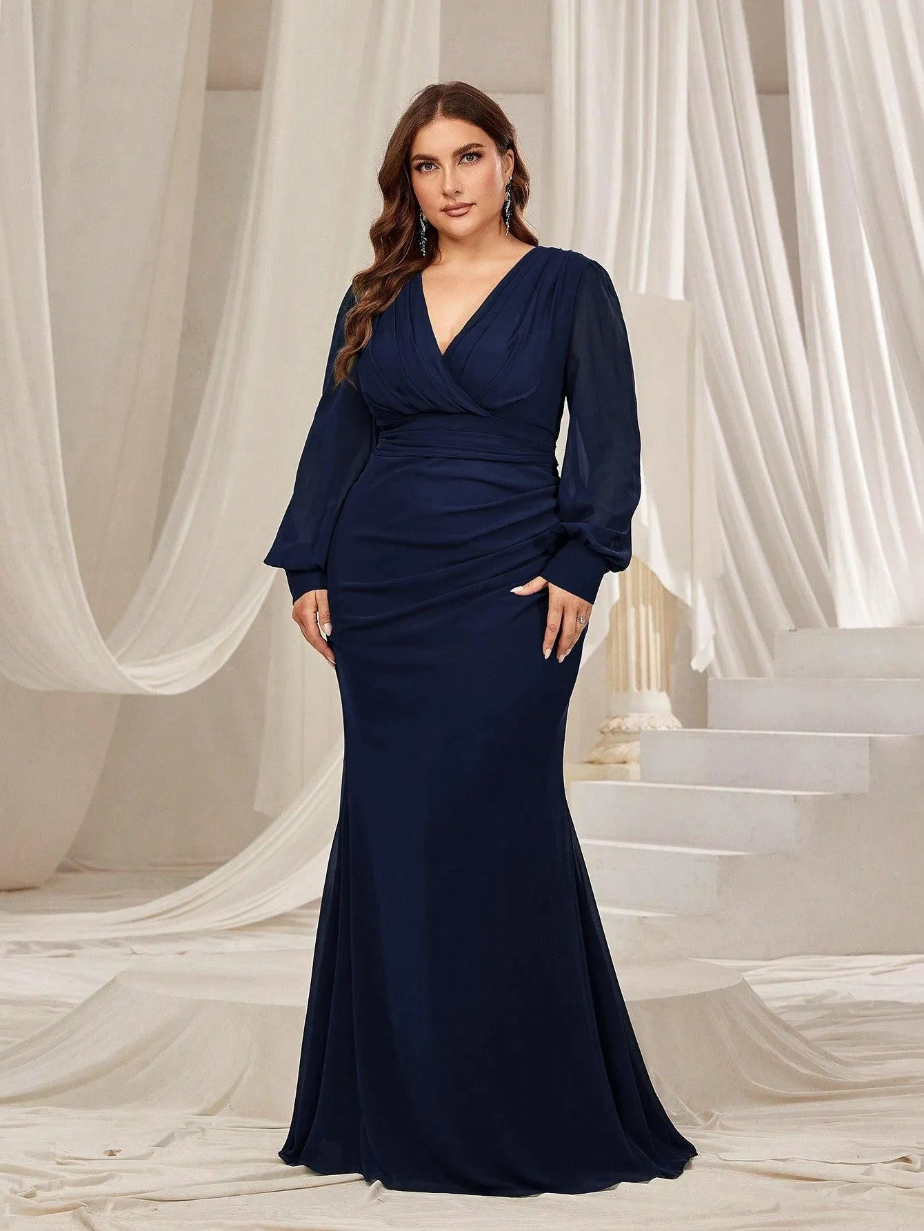 Plus Surplice Neck Lantern Sleeves Chiffon Formal Mermaid Dress - Elonnashop