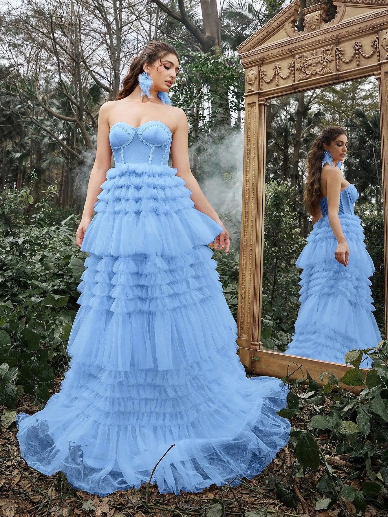 Gorgeous Strapless Cascading Ruffles Hem Tulle Prom Dress - Elonnashop