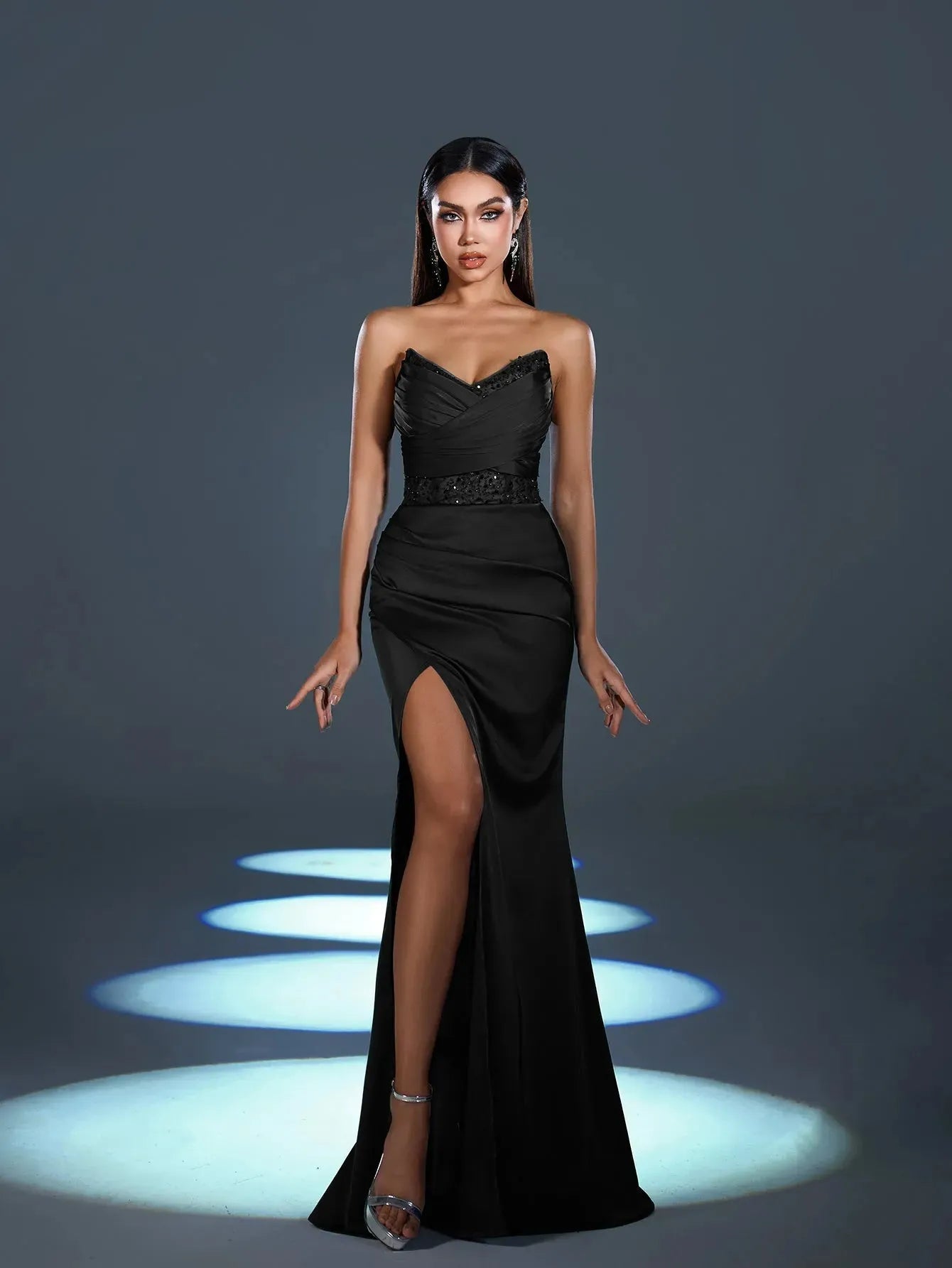 Elegant Strapless Contrast Sequin Split Thigh Satin Mermaid Party Dress