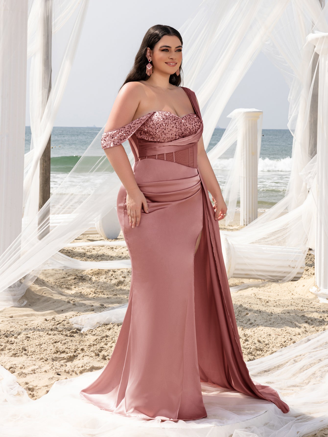 Plus Elegant Asymmetrical Neck Split Mermaid Hem Satin Evening Dress