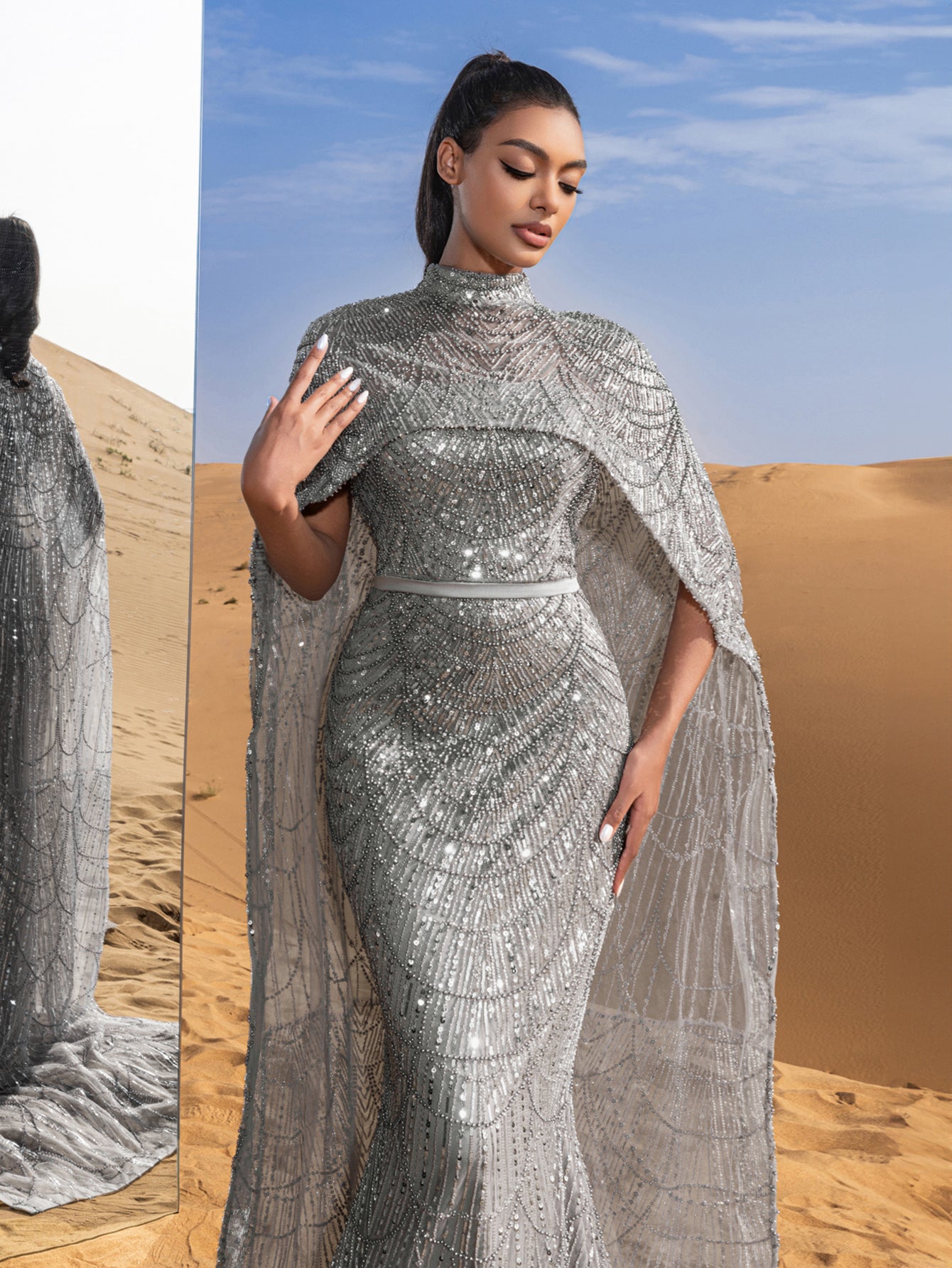 Luxury Gorgeous Mock Neck Mermaid Hem Beaded Sequin Cape Dress