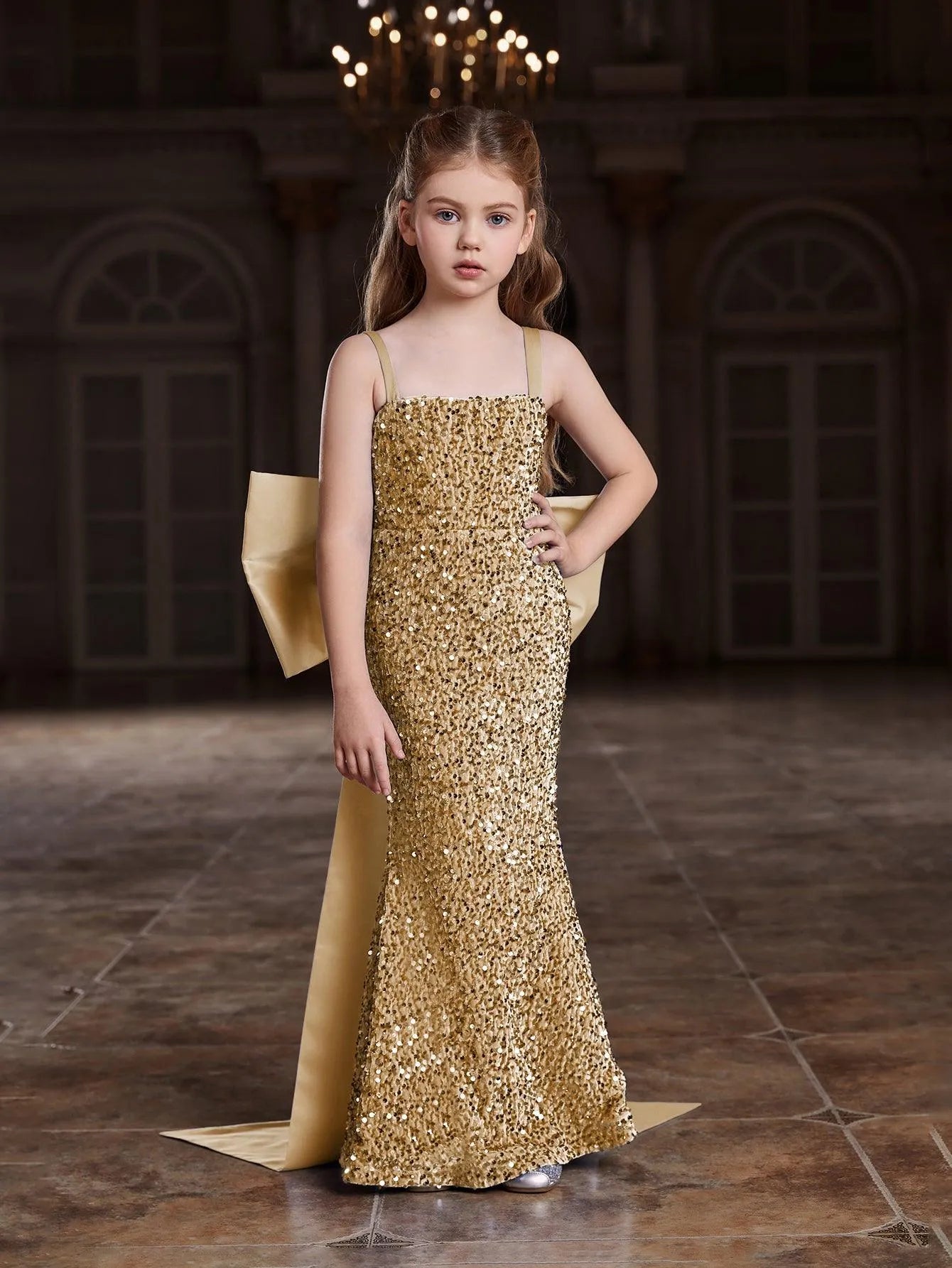 Tween Girls' Square Collar Sequin Mermaid Dress With Big Bow - Elonnashop