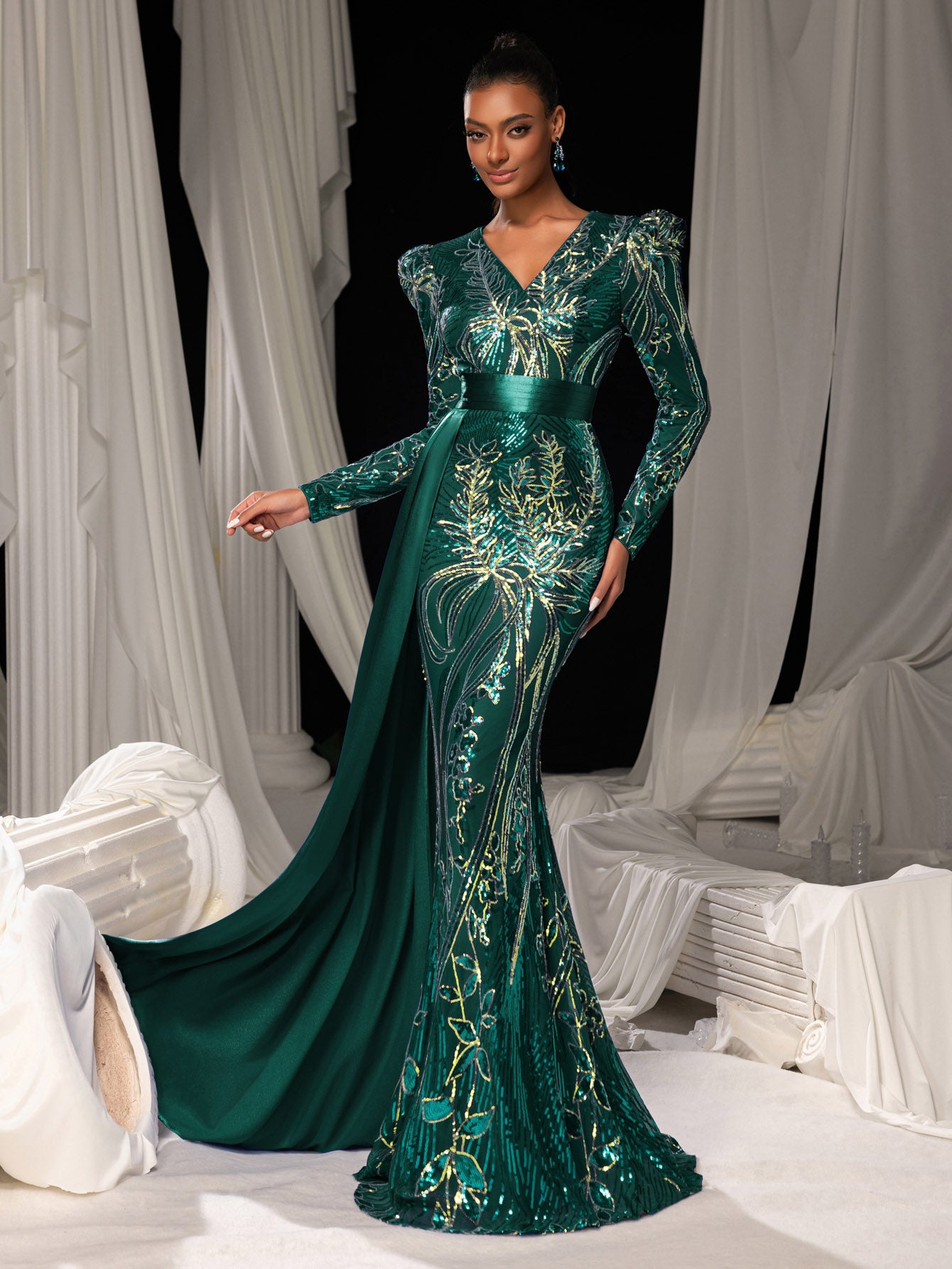Elegant Sequin Embroidered V-Neck Mermaid Gown | Long Sleeve with Wide Belt & Sweep Train