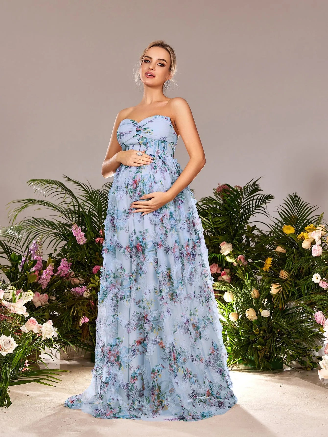 Maternity Strapless Ruffle Trim Floral Mesh Party Dress