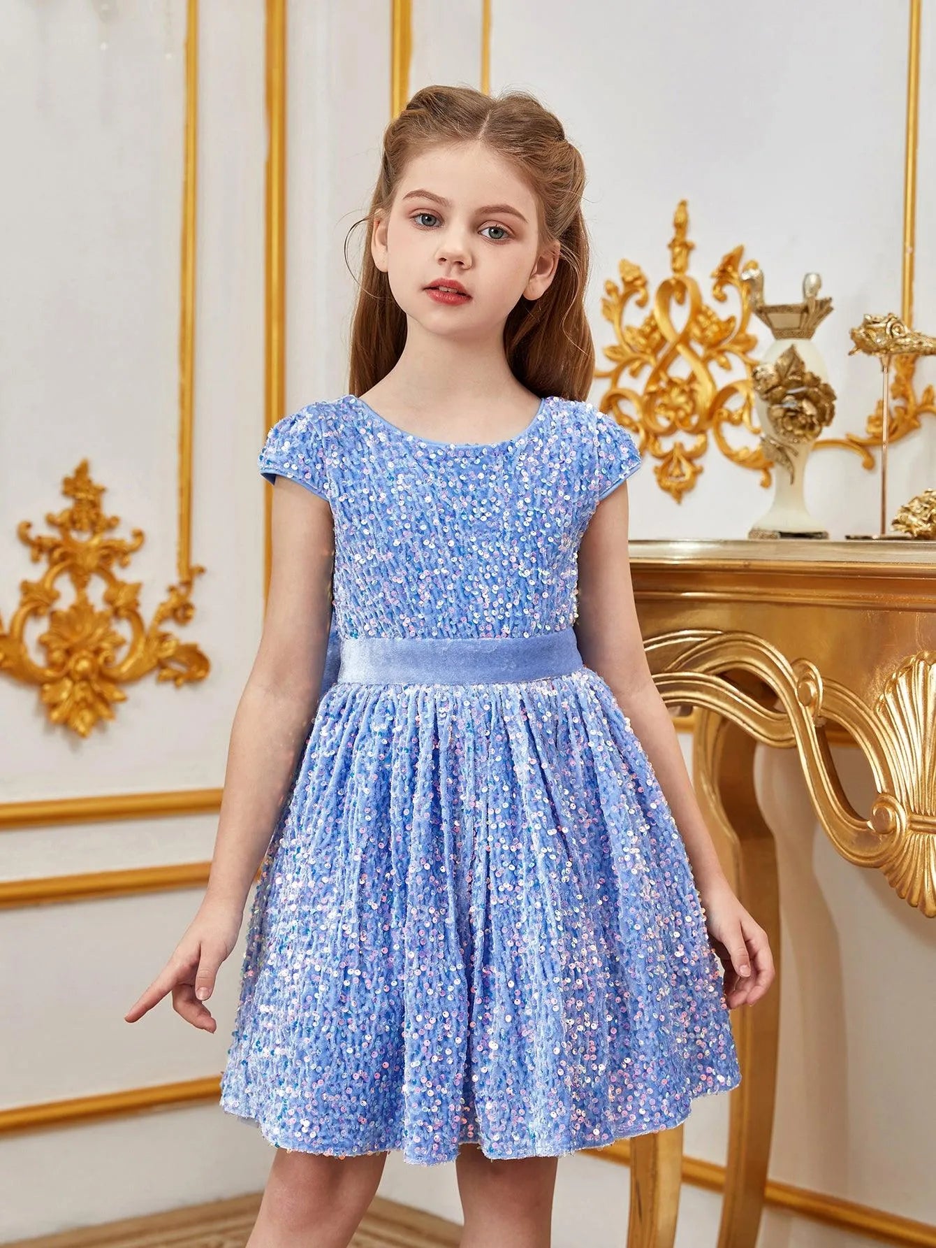 Tween Girls' Bow Back Sequin A Line Dress - Elonnashop