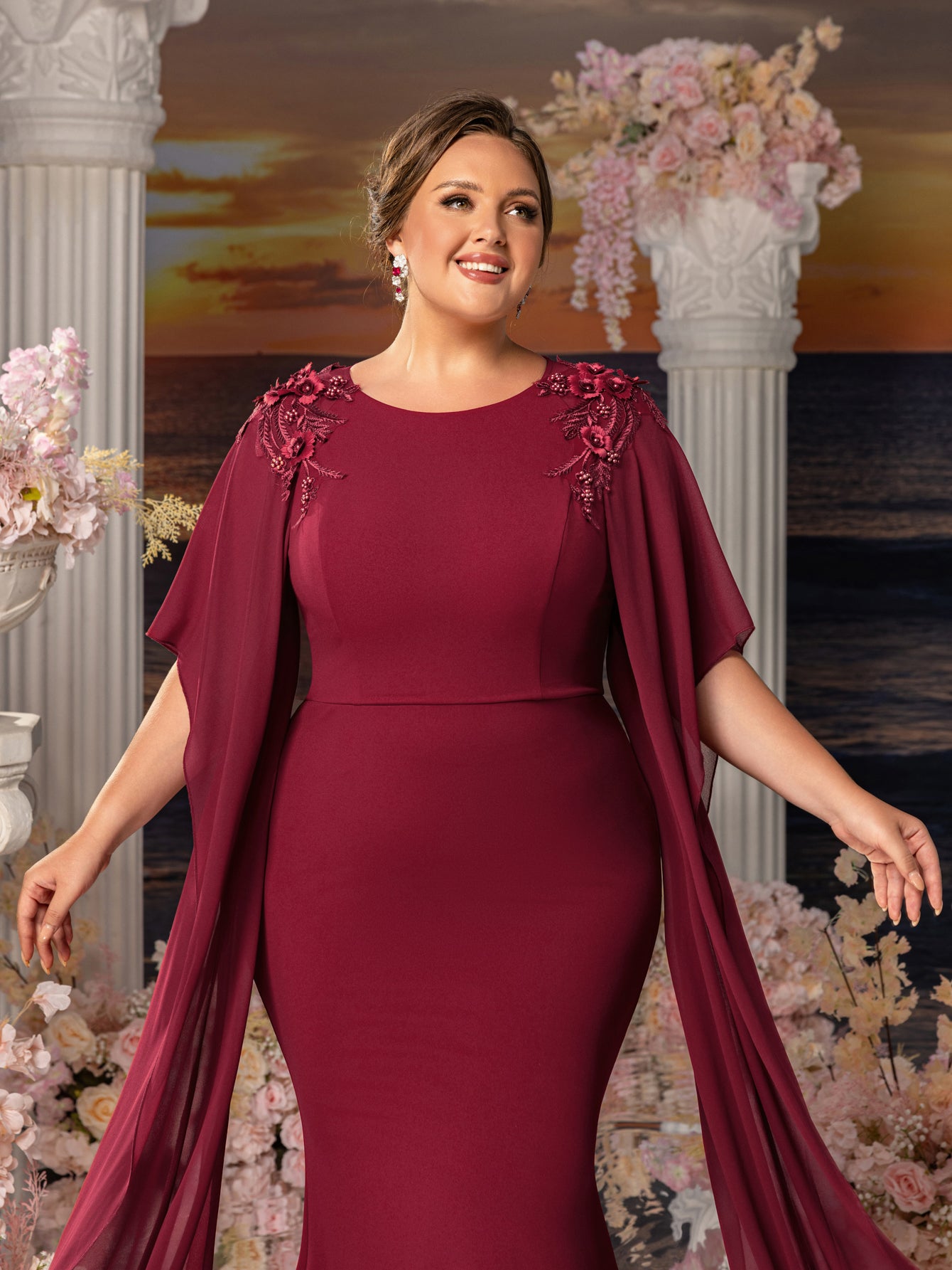 Plus Womens' Mermaid Silhouette Formal Dress with Flared Chiffon Sleeves & Floral Appliqué Detailing