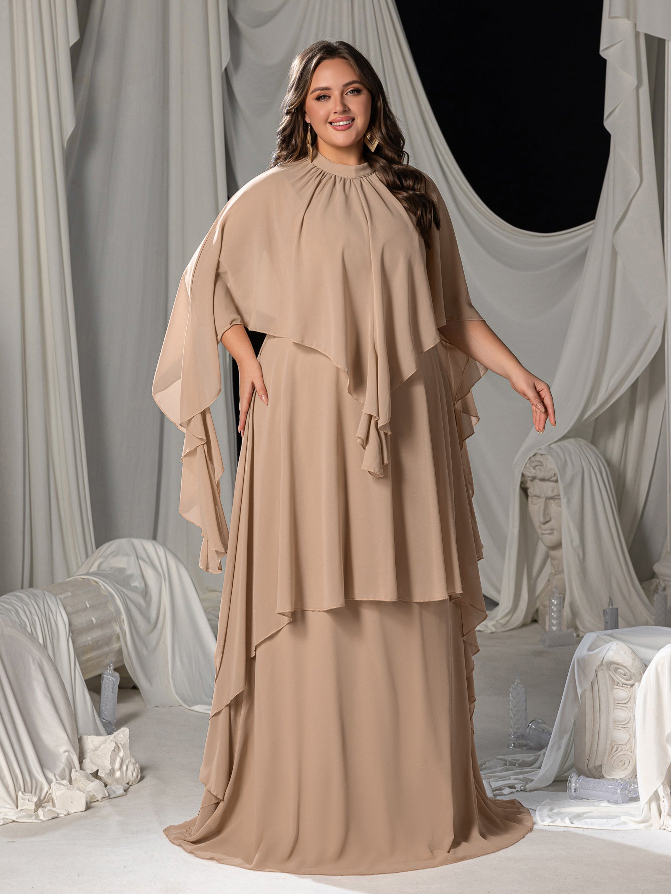 Plus Mock Neck Layered Hem Chiffon Evening Dress