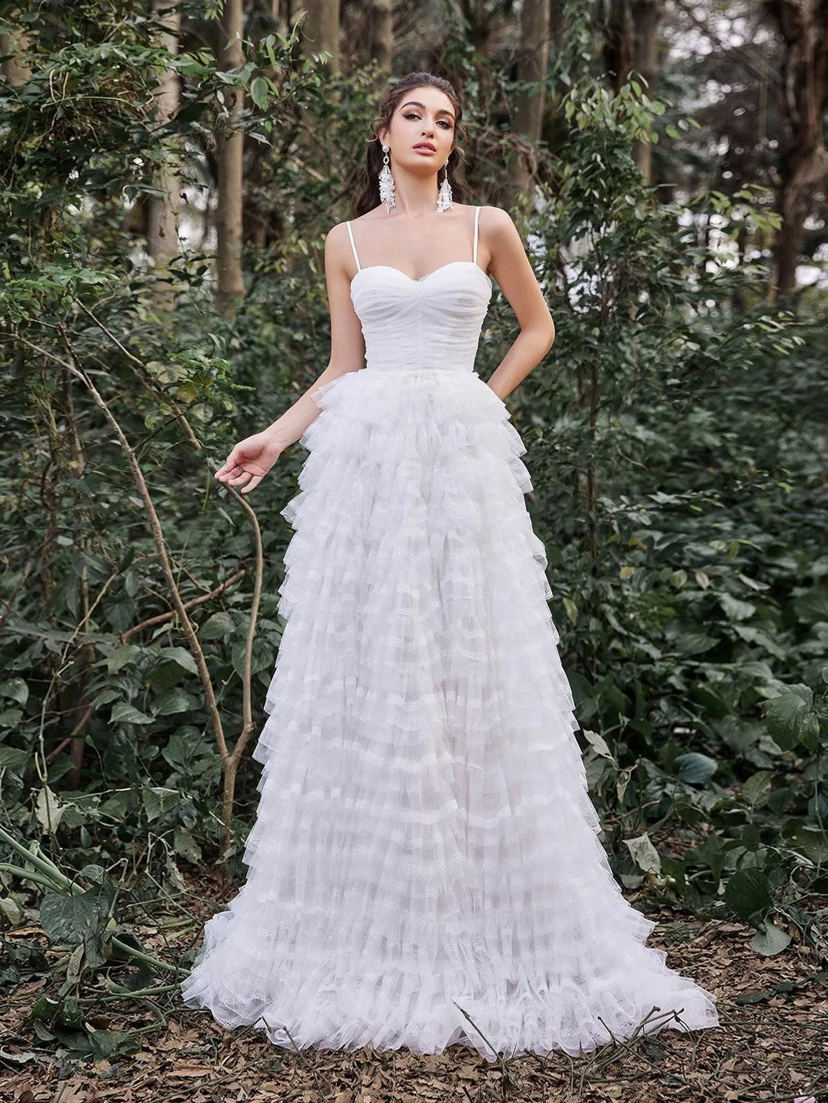 Gorgeous Lace Up Back Cascading Ruffle Hem Slip Wedding Dress - Elonnashop