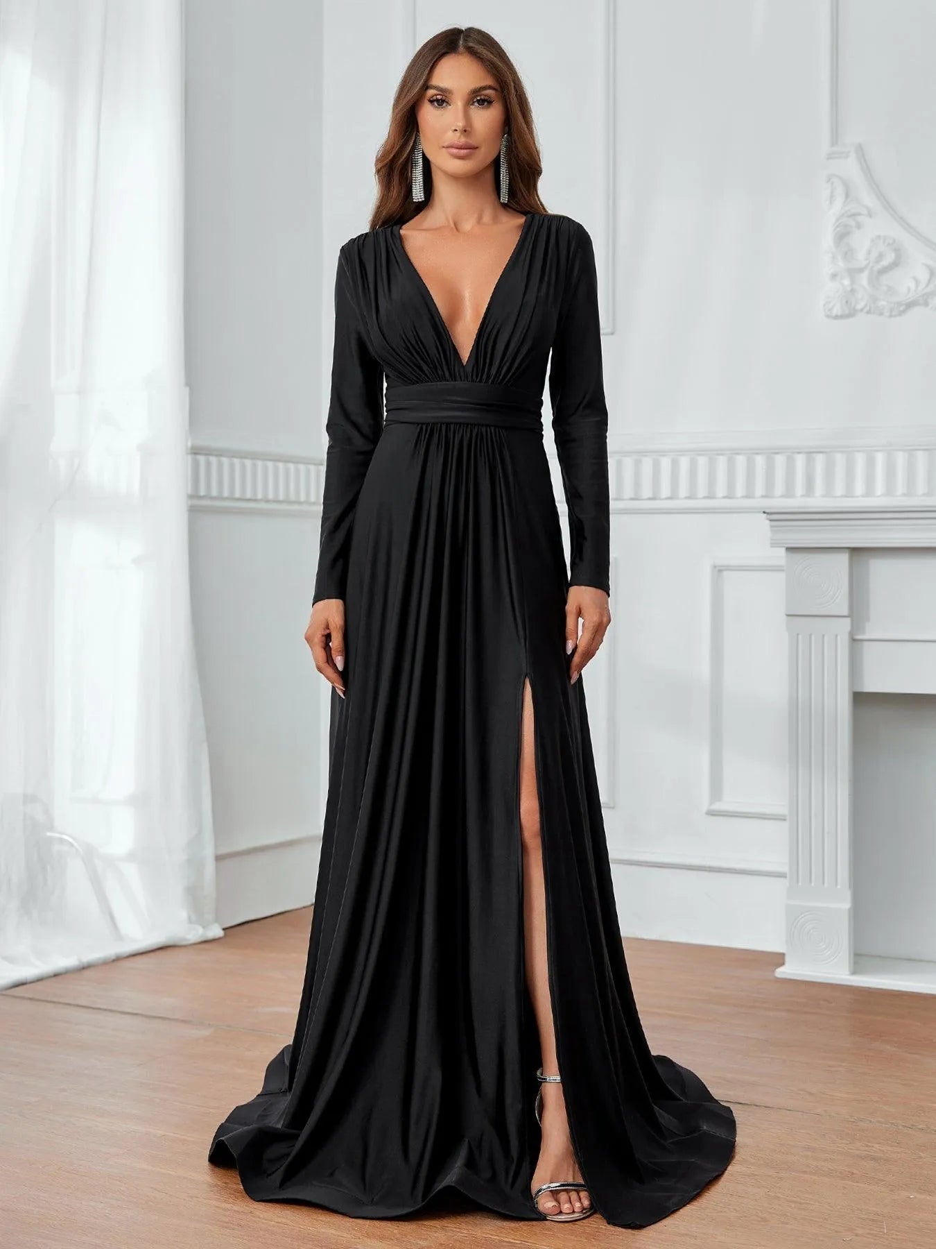 Elegant Plunging Neck Floor Length A Line Dress - Elonnashop