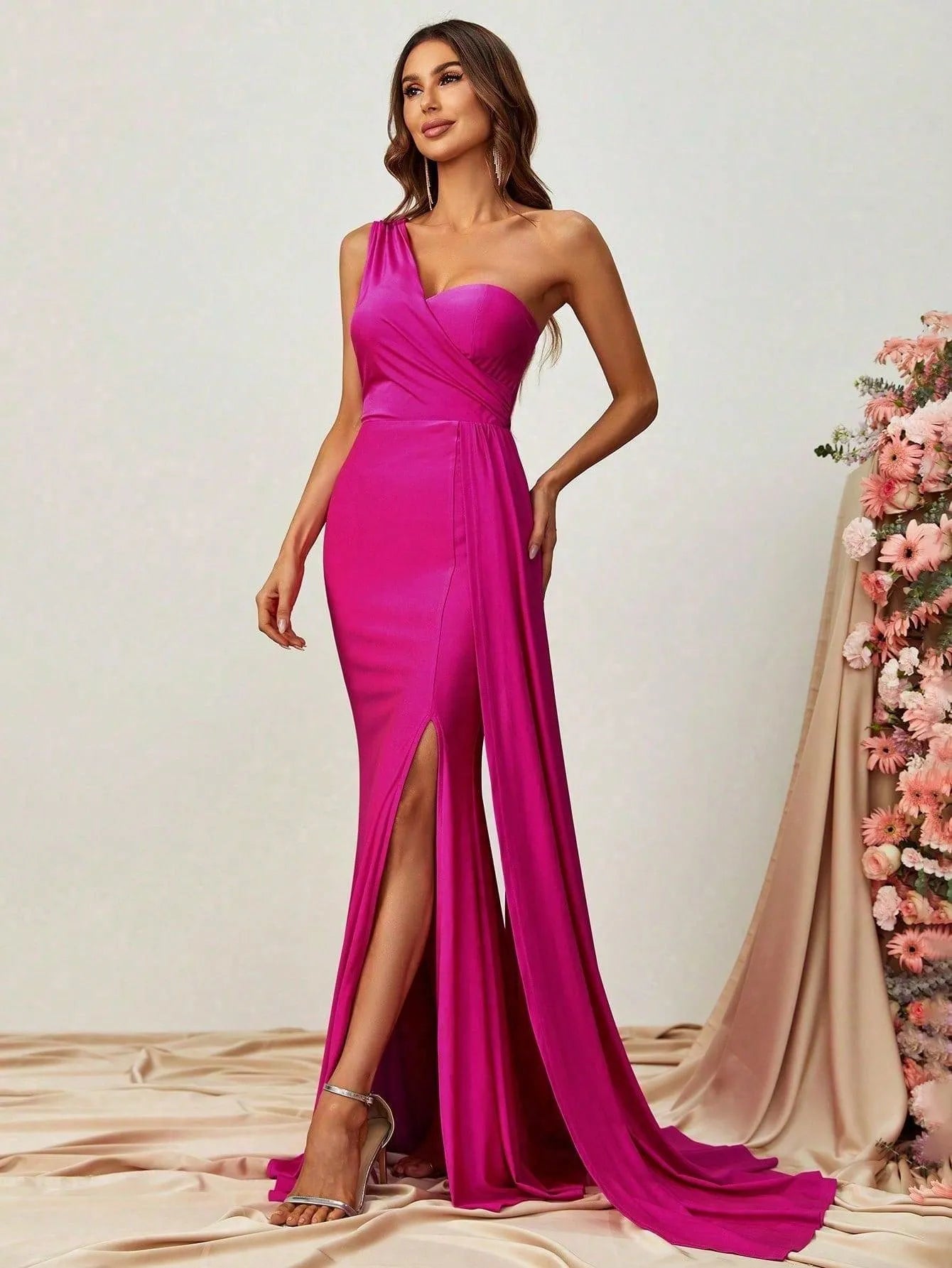 One Shoulder Draped Side Split Thigh Formal Dress - Elonnashop