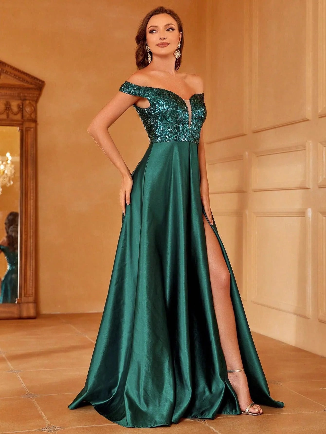 Off Shoulder Contrast Sequin Satin Prom Dress - Elonnashop